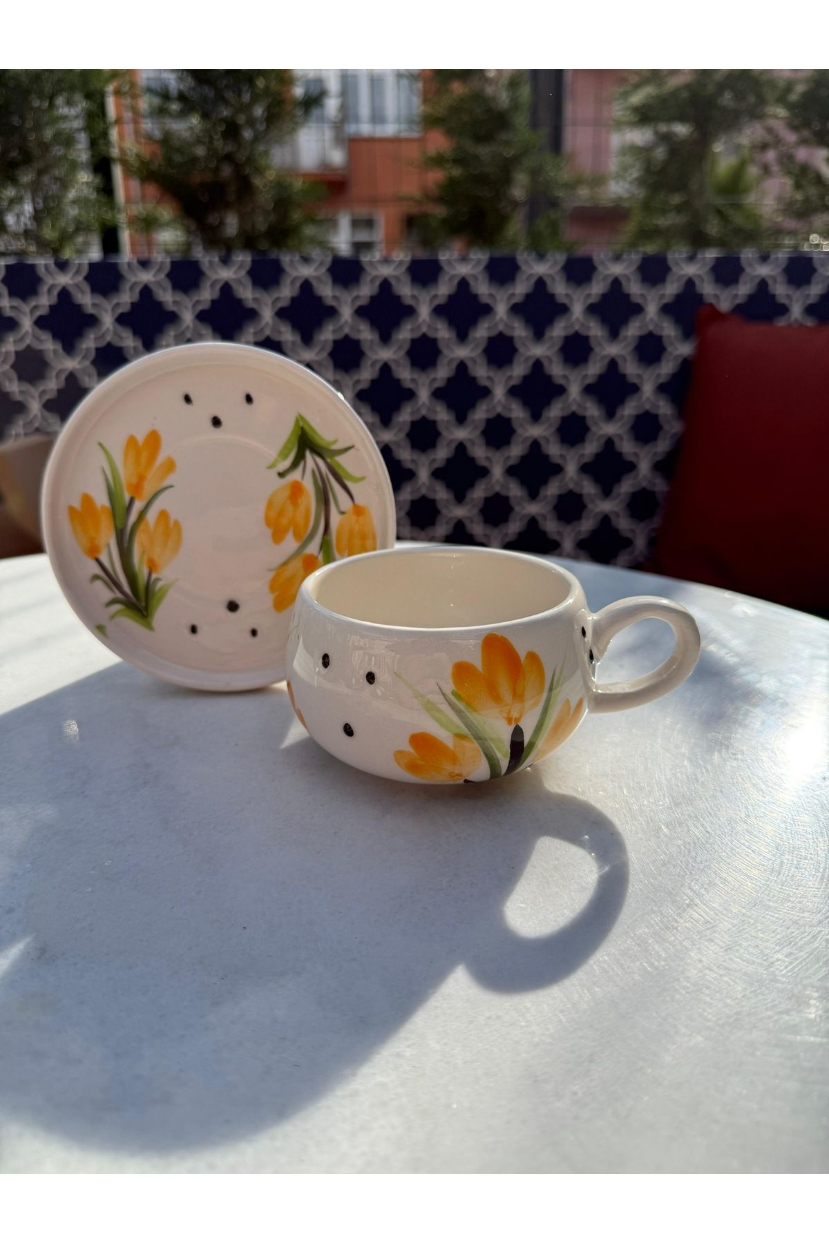 evlashop Çiçek Desenli Seramik Tabaklı Fincan/Kup/Mug