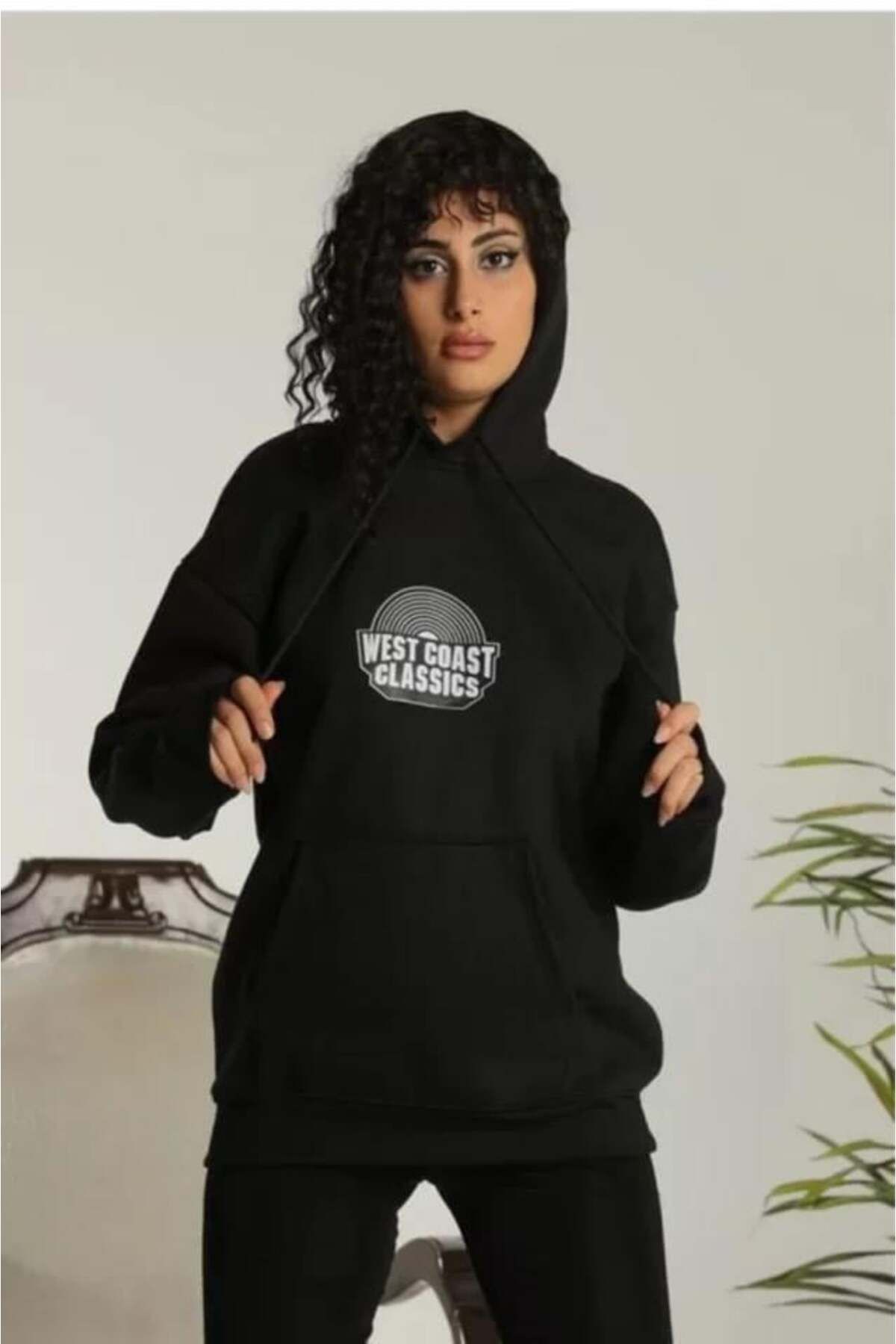 modamtn Unisex Sırt Baskılı Kapüşonlu Üç İplik Oversize Sweatshirt - Siyah