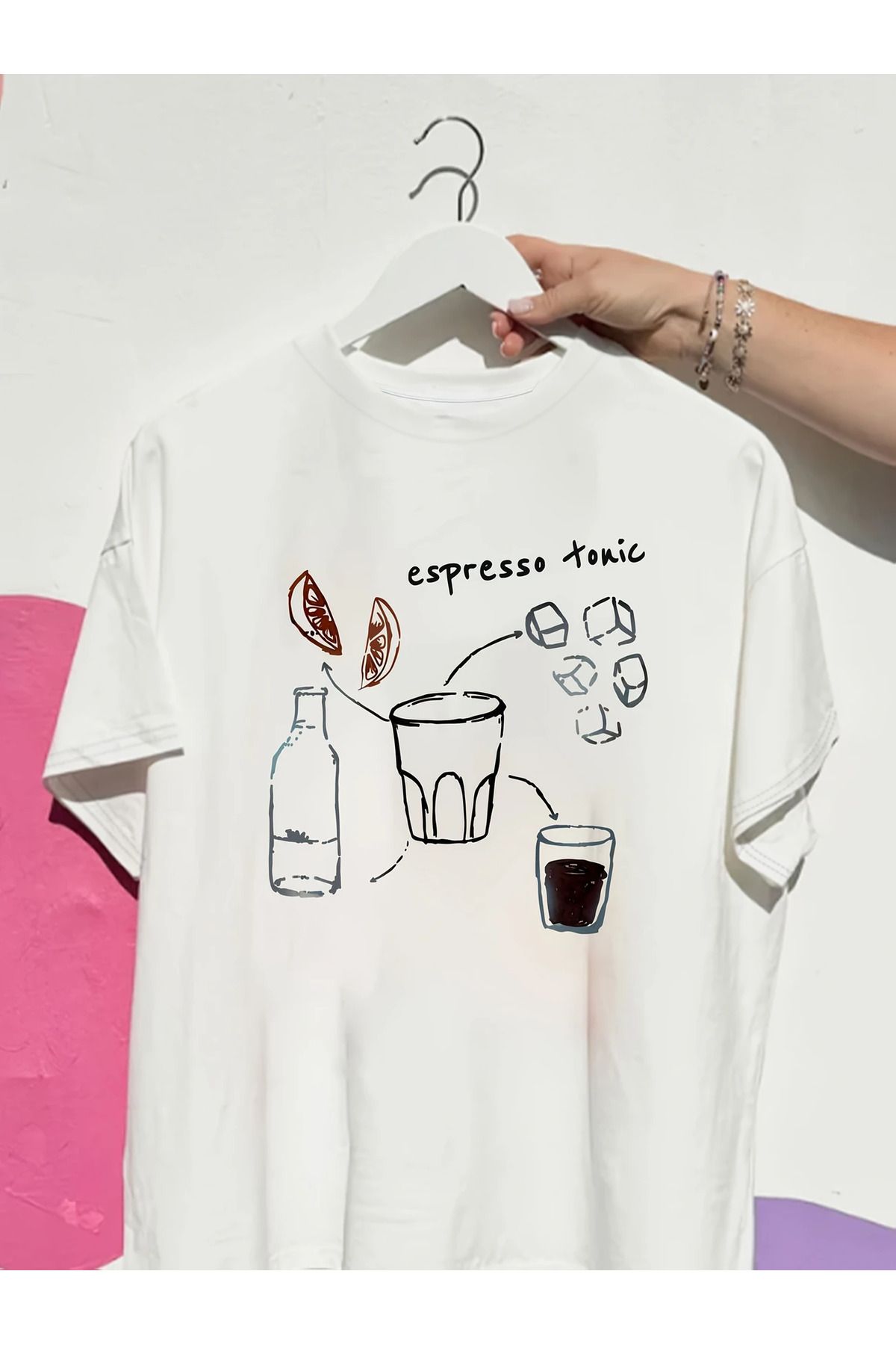 AEMİ Unisex Espresso Tonic Baskılı Oversize Bisiklet Yaka T-shirt