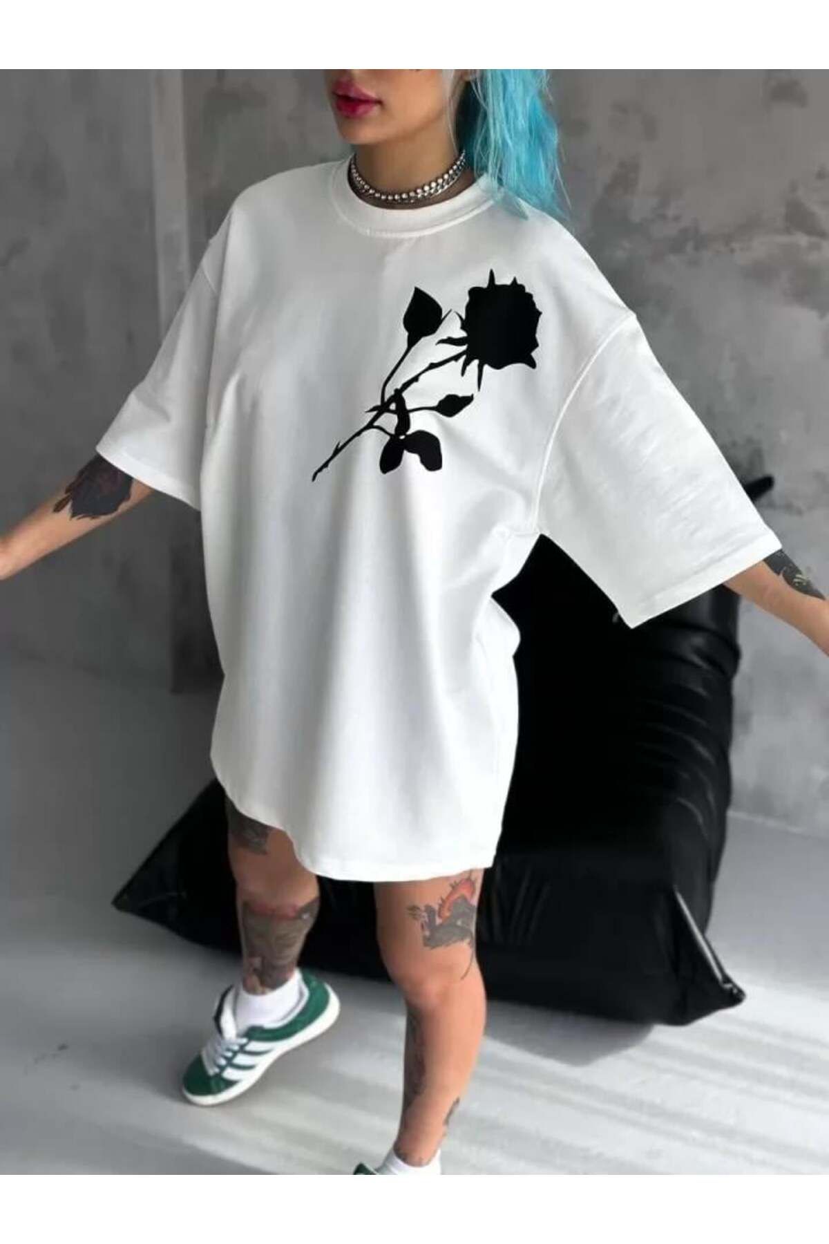 modamtn Unisex Bisiklet Yaka Baskılı Oversize T-Shirt - Beyaz