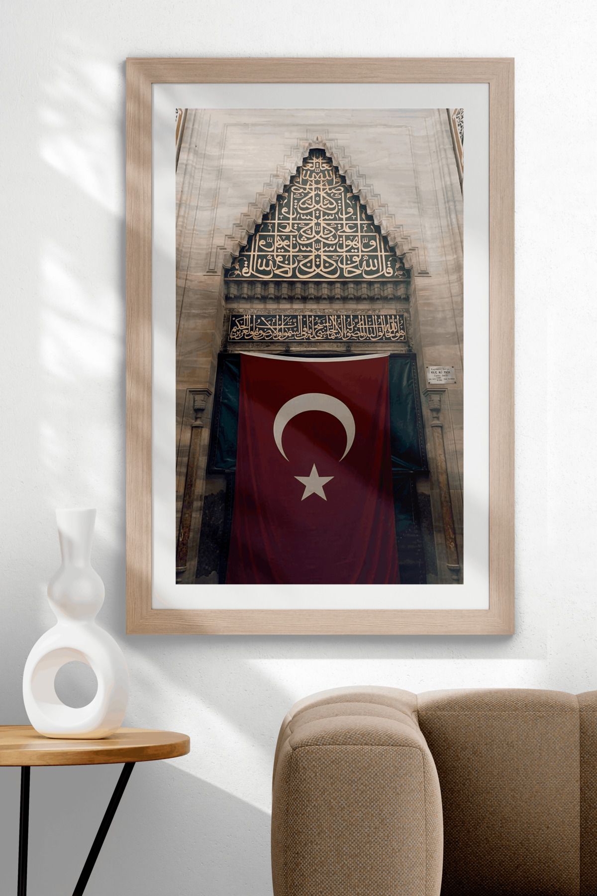 UVisiontr Türk Bayrağı ve Osmanlı Motifli Cami Girişi UV Baskılı Dekoratif MDF Tablo