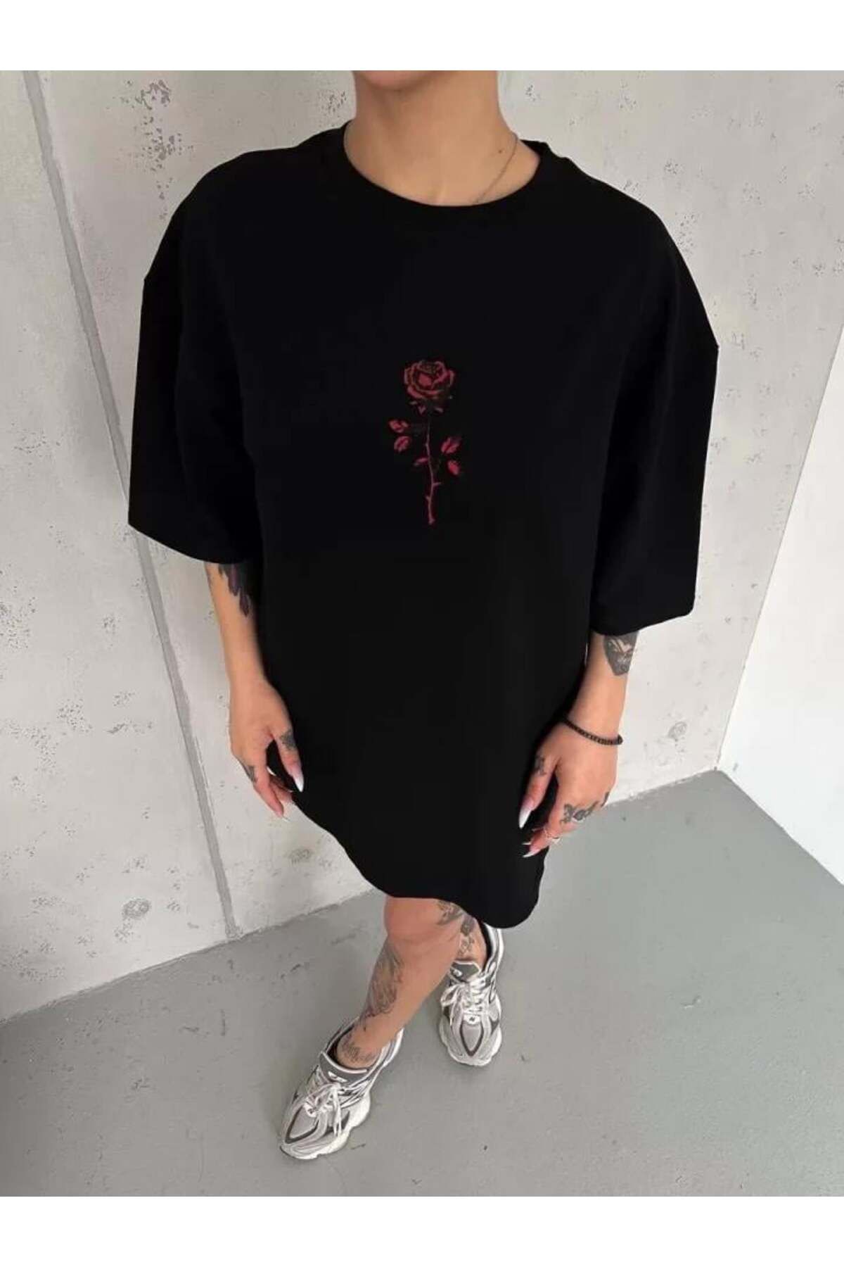 modamtn Unisex Bisiklet Yaka Baskılı Oversize T-Shirt - Siyah