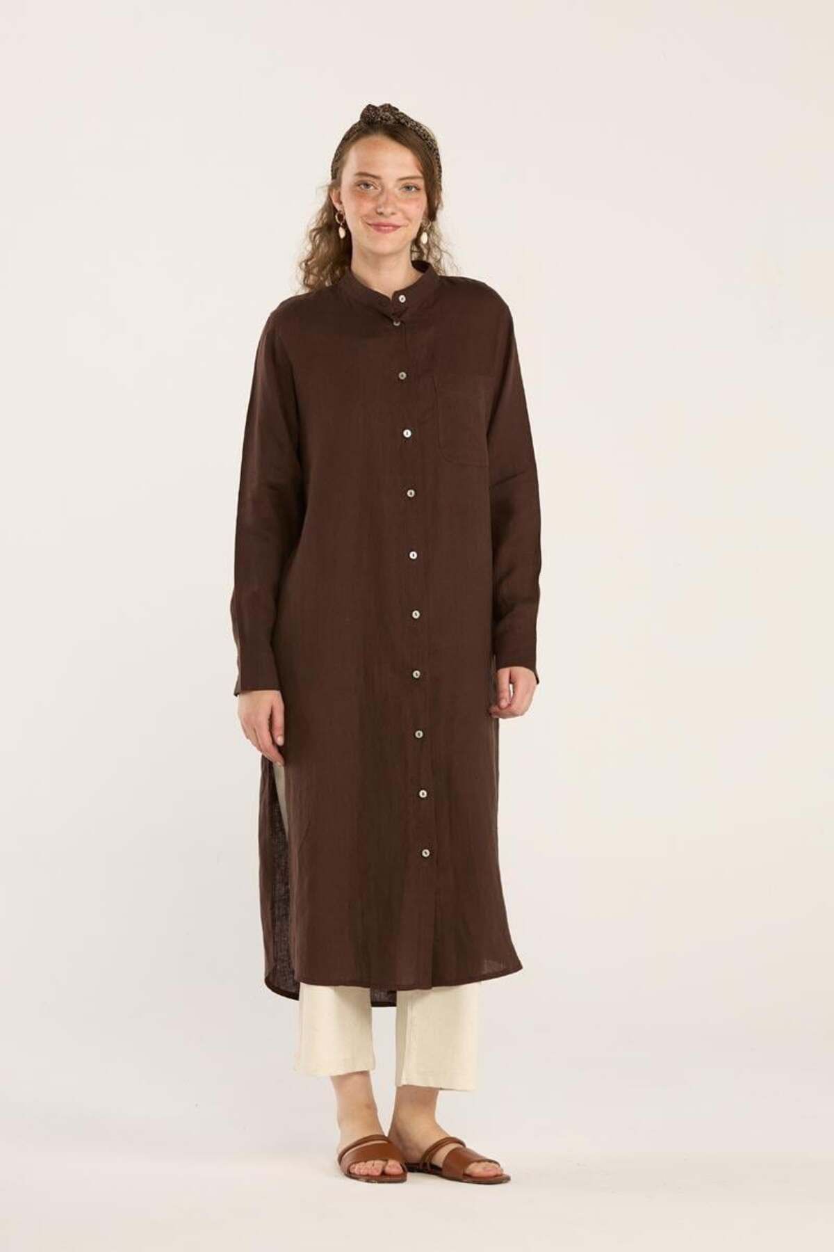 ALYOSHA FASHION Hakim Yaka %100 Keten Tunik Acıkahve