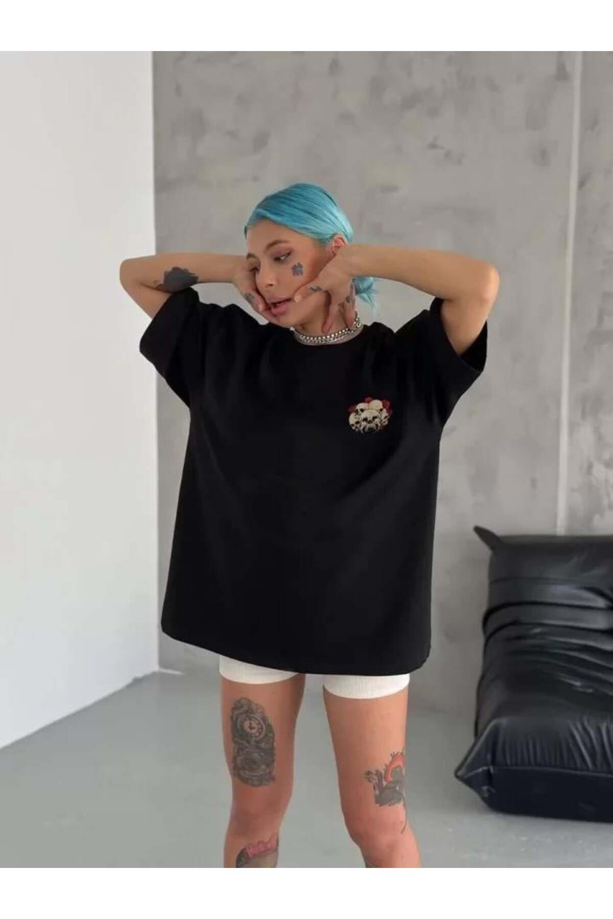 modamtn Unisex Bisiklet Yaka Baskılı Oversize T-Shirt - Siyah