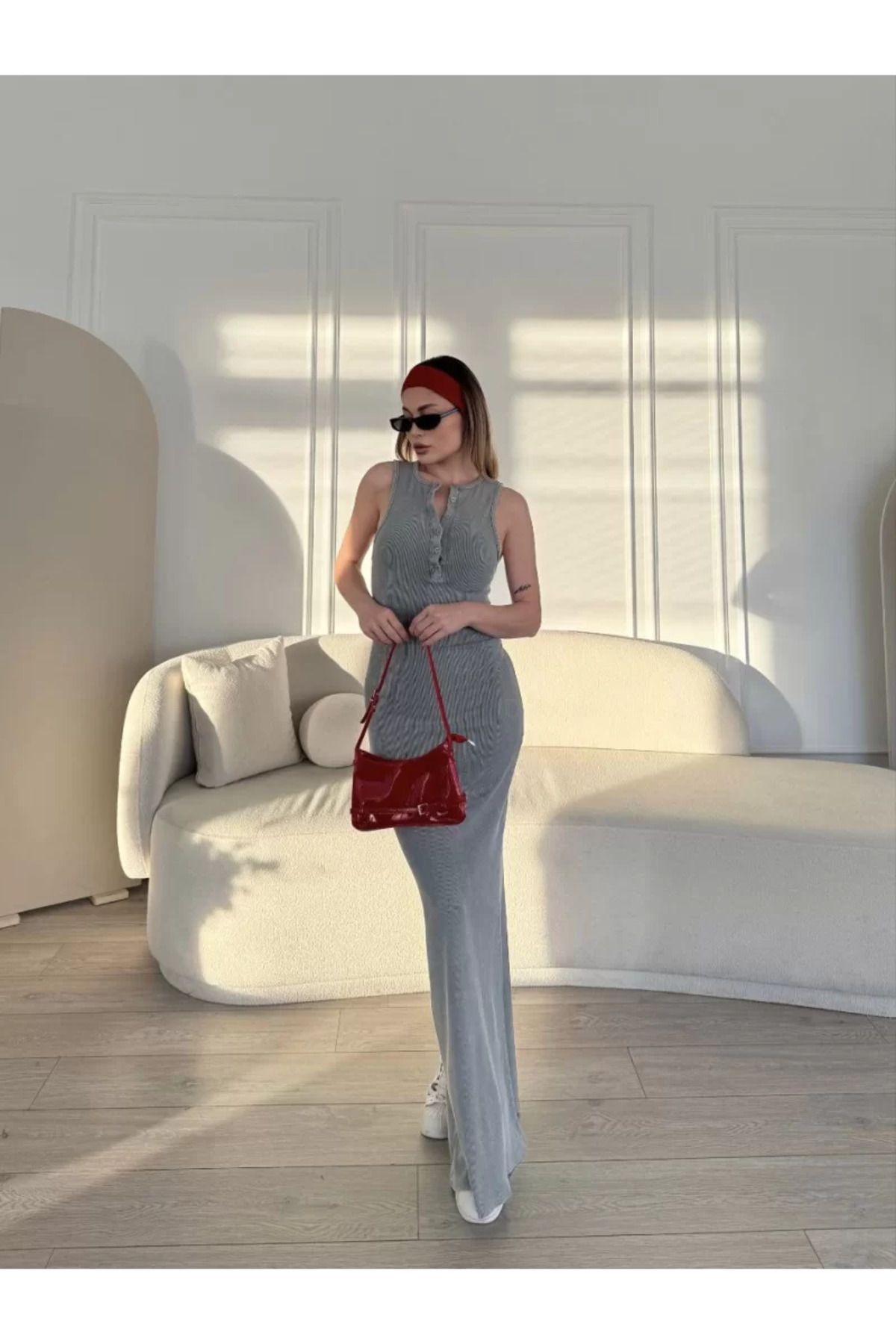 ruum fashions Yırtmaç Detaylı Kolsuz Düğmeli Yıkamalı Uzun Elbise