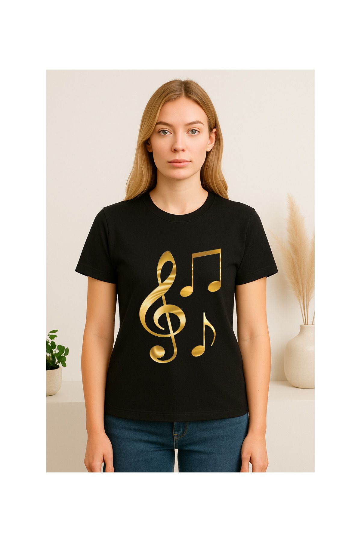 MODA Kısa Kollu, Regular Kalıp, Nota Desenli (Gold Renk), Kadın Tshirt