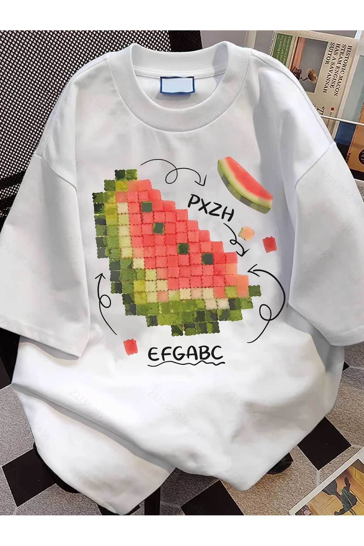 AEMİ Unisex Karpuz Baskılı Oversize Bisiklet Yaka T-shirt