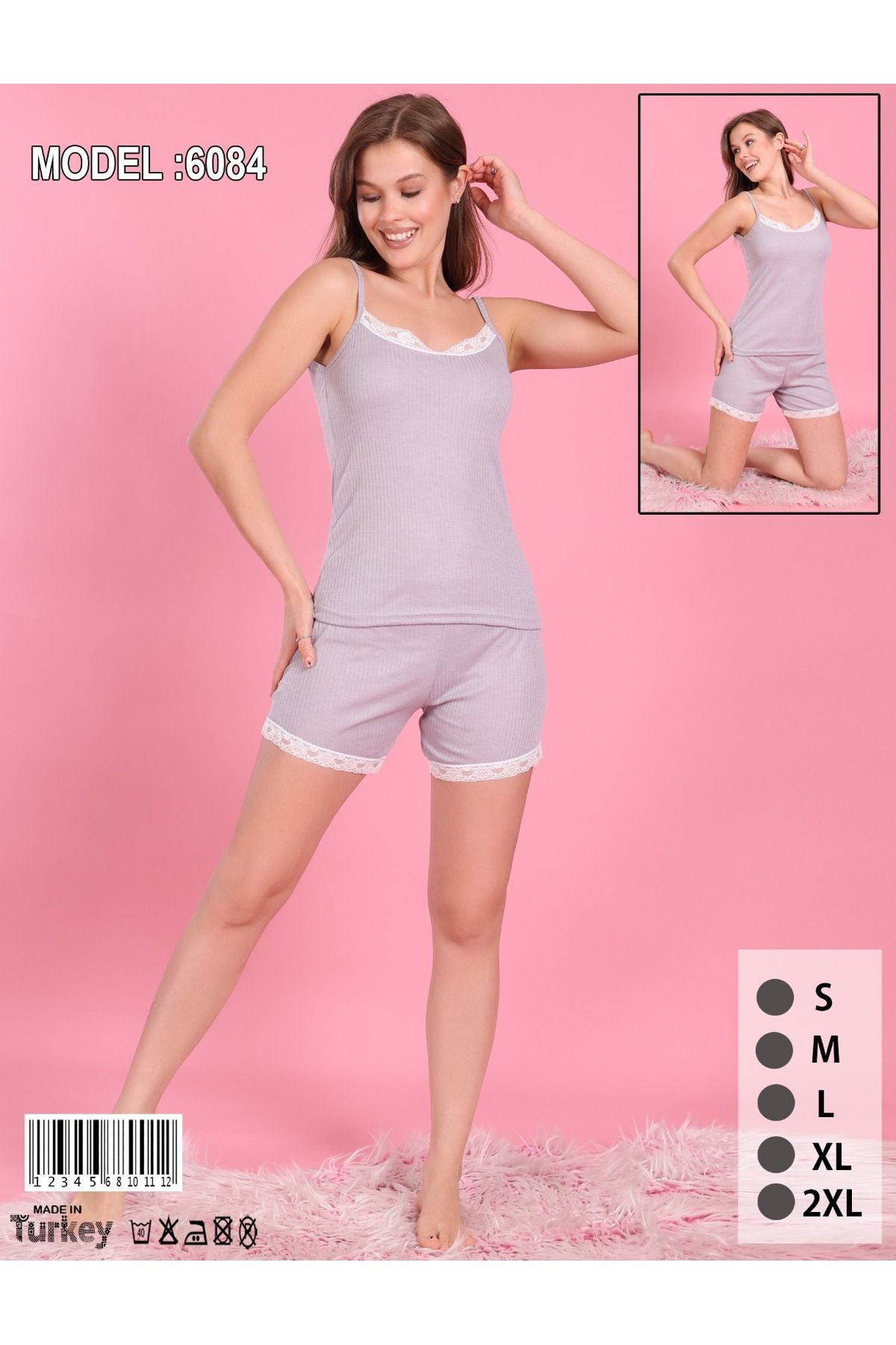 Uzunlar Tekstil Kışla Sport VİSKON KUMAS DANTEL DETAYLI İP ASKİLİ ŞORT TAKİM
