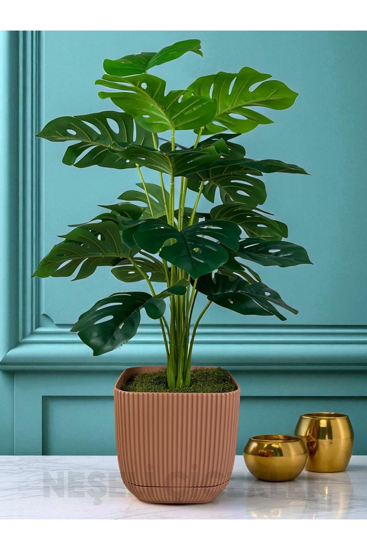 NEŞELİ ÇİÇEKLER Yapay Ağaç Monstera Deve Tabanı Bitkisi 18 Yaprak 75cm Plastik Saksıda Yapay Salon Çiçeği Hediyelik