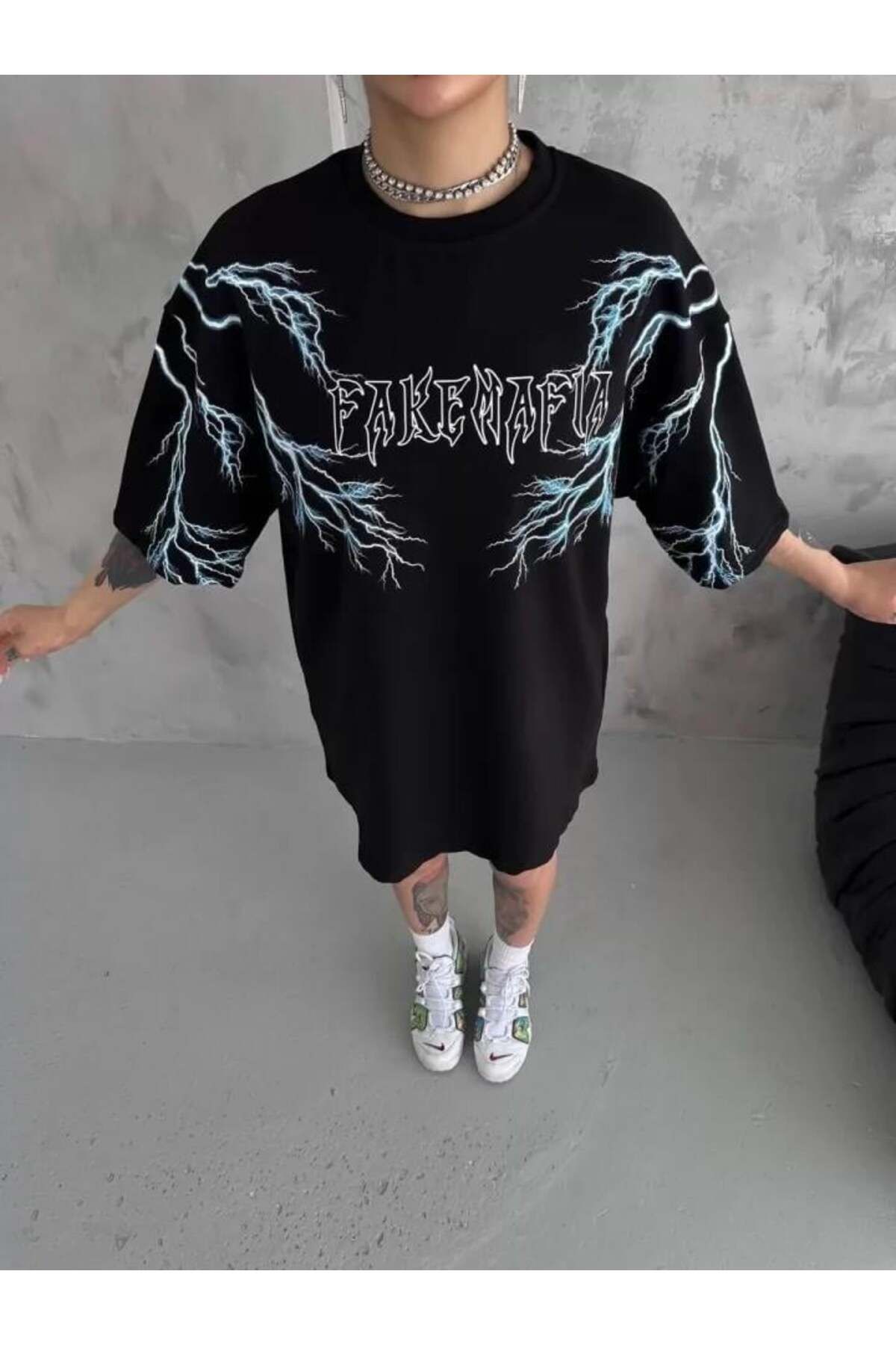 modamtn Unisex Bisiklet Yaka Baskılı Oversize T-Shirt - Siyah