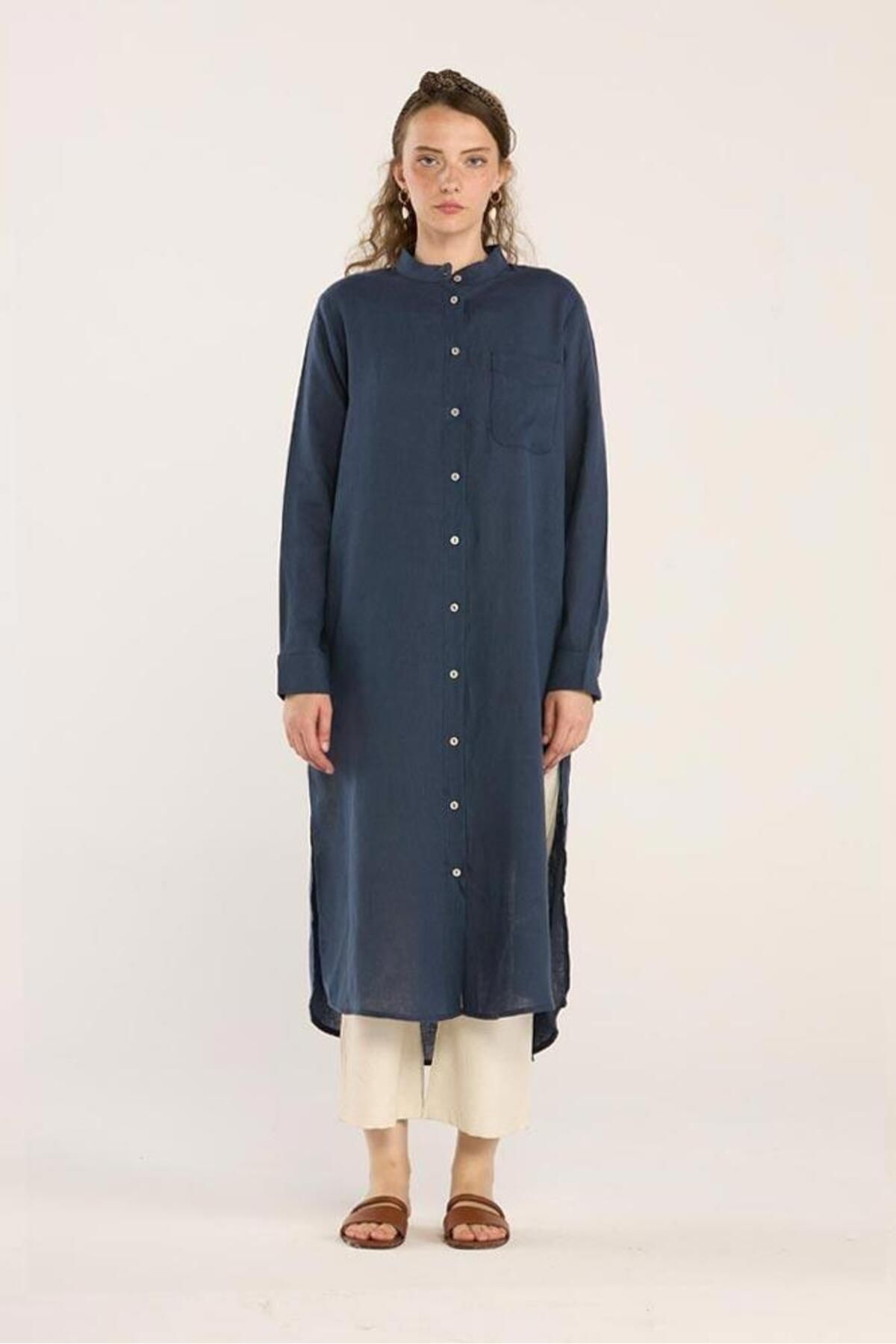 ALYOSHA FASHION Hakim Yaka %100 Keten Tunik İndigo