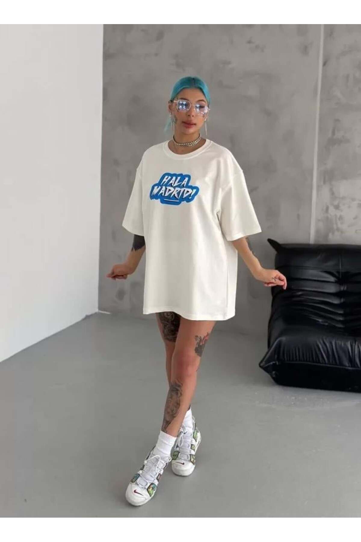 modamtn Unisex Bisiklet Yaka Baskılı Oversize T-Shirt - Beyaz