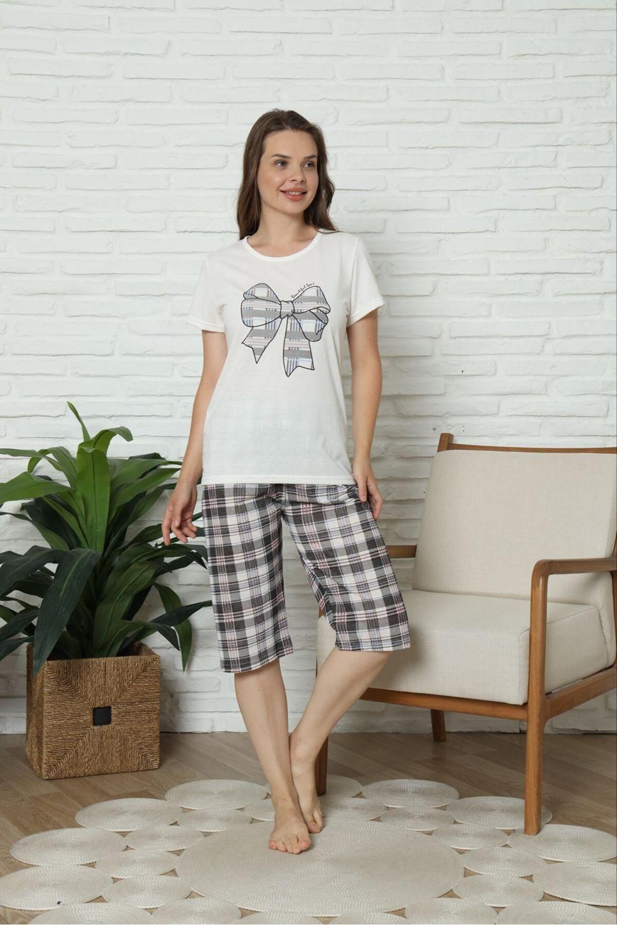 meynur moda Pamuklu Penye Kapri Pijama Takımı