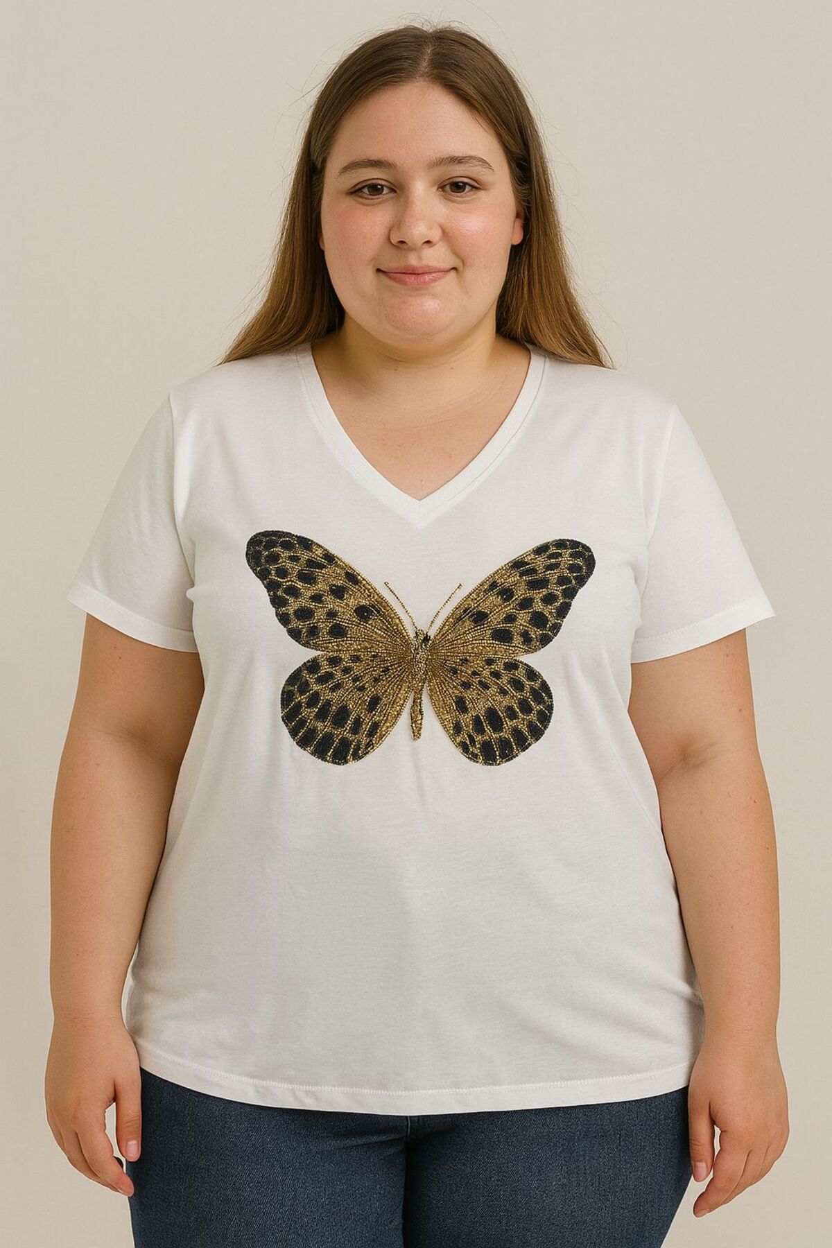 Nüans Beyaz Büyük Beden Kelebek Desenli Taşlı Kadın Tshirt