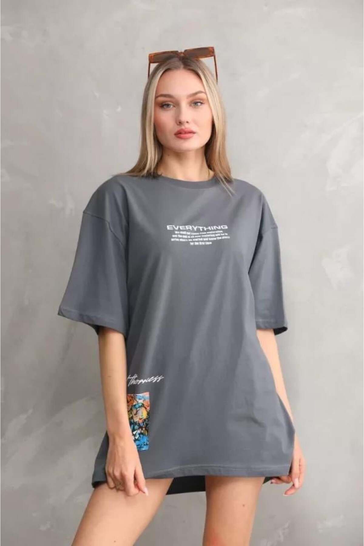 modamtn Unisex Bisiklet Yaka Baskılı Oversize T-Shirt - Gri