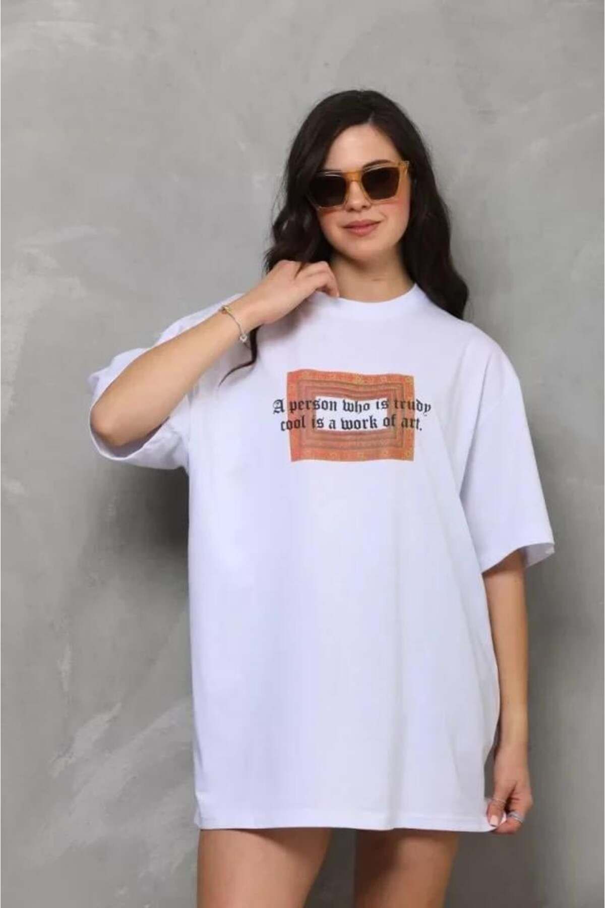 modamtn Unisex Bisiklet Yaka Baskılı Oversize T-Shirt - Beyaz