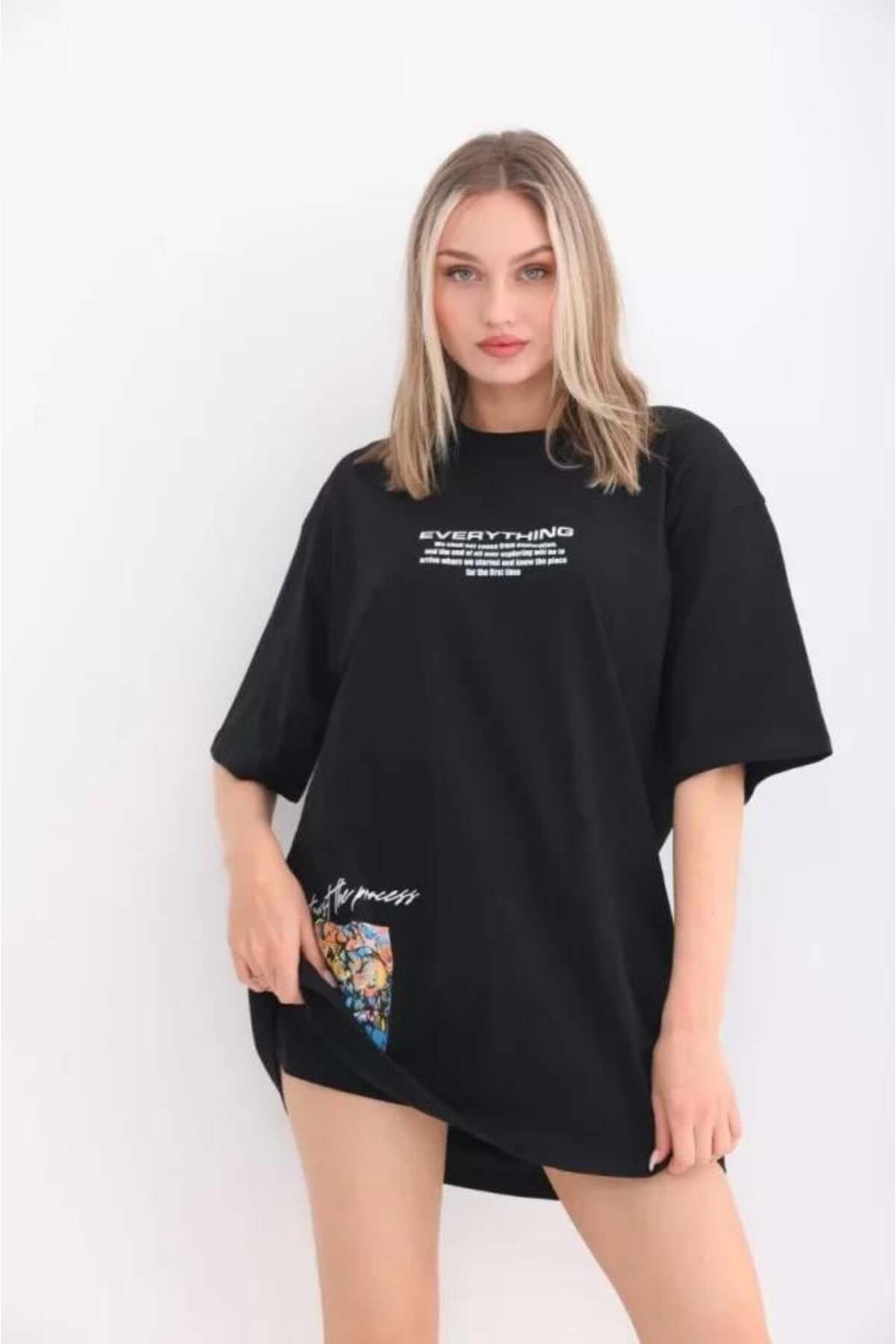 modamtn Unisex Bisiklet Yaka Baskılı Oversize T-Shirt - Siyah