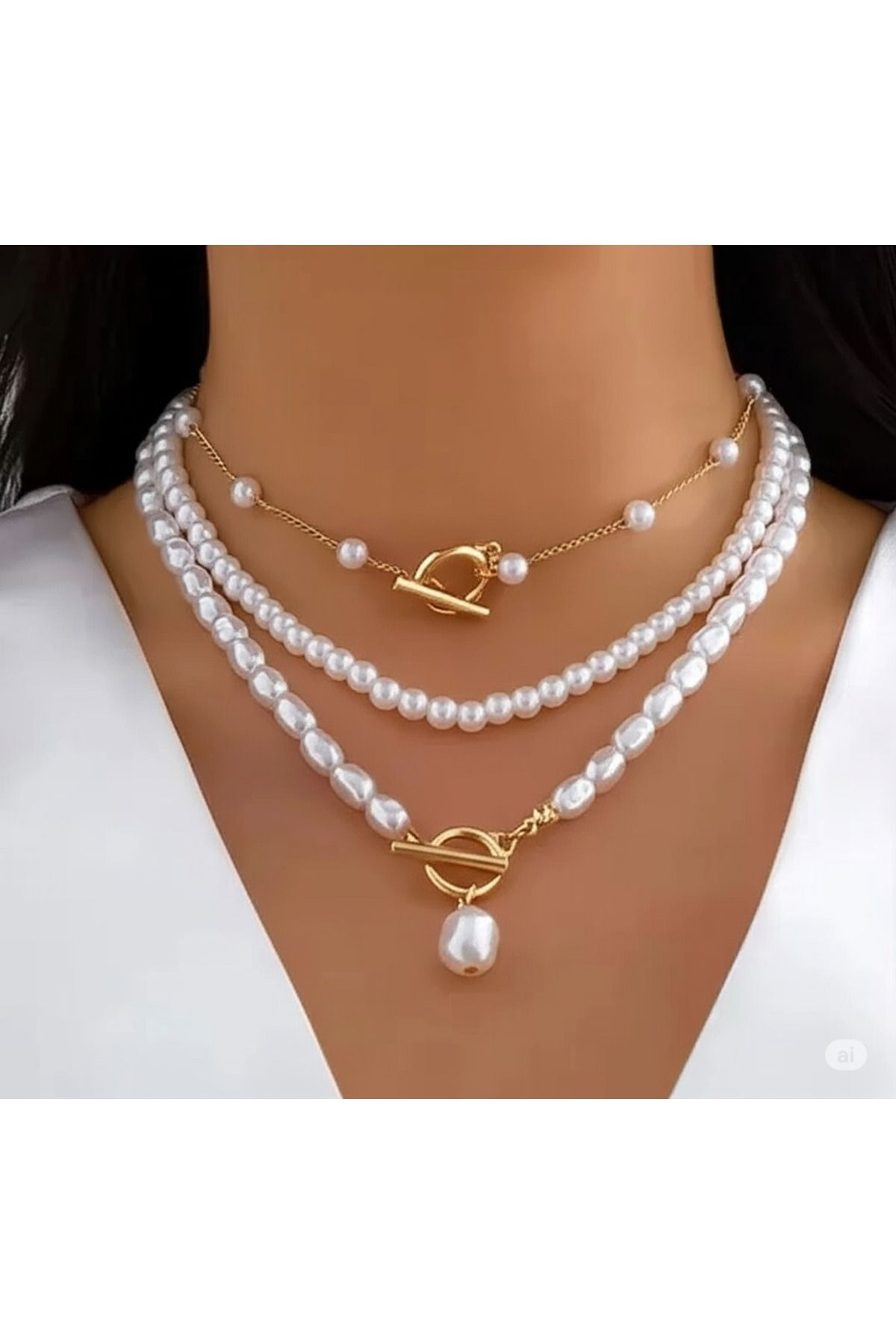 FAMEMUS ACCESSORY 3'lü Kombin İnci Görünümlü Kolye Seti -