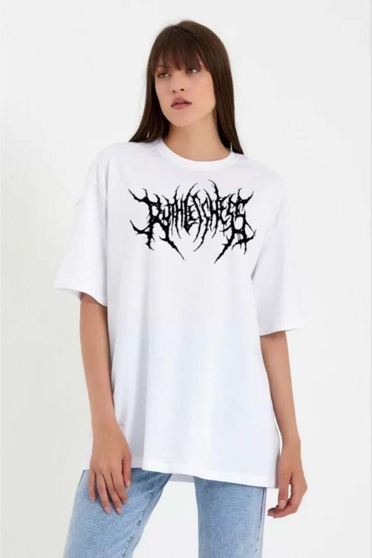 modamtn Unisex Bisiklet Yaka Baskılı Oversize T-Shirt - Beyaz