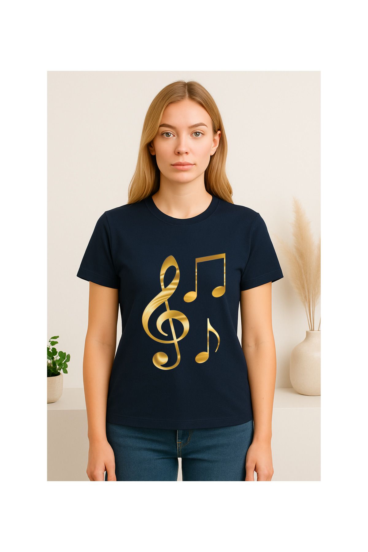 MODA Kısa Kollu, Regular Kalıp, Nota Desenli (Gold Renk), Kadın Tshirt