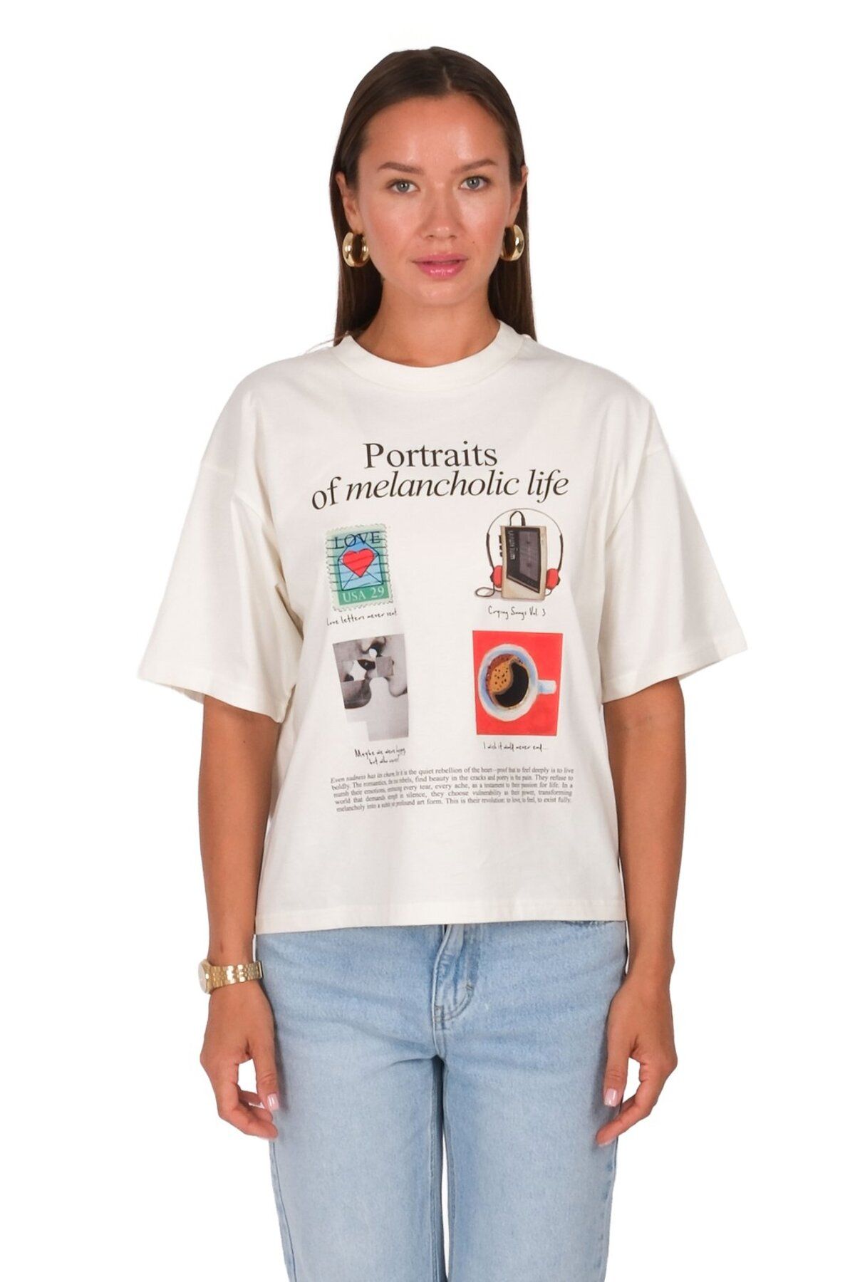 Coredra Melancholic Life Boxed Fit Kadın T-Shirt Ekru C590