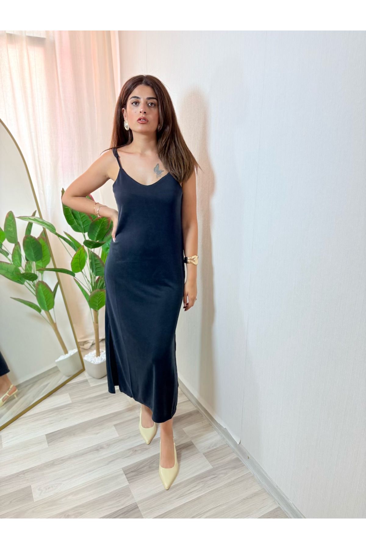 Misun butik ANTRASİT İP ASKILI ELBİSE