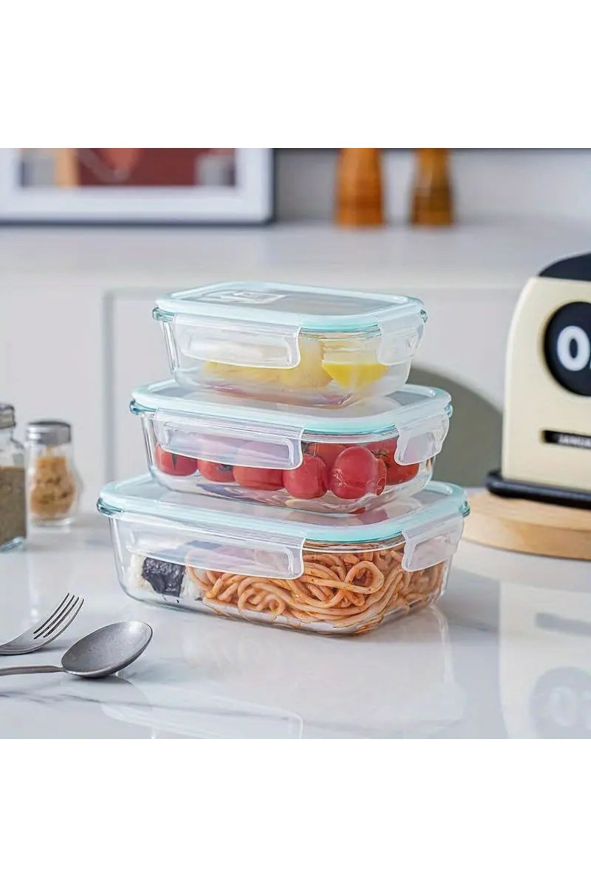 CİHO 3 lü Set (1040ml-700ml-410ml) Cam Kilitli Vakumlu Dikdörtgen Hava Geçirmez Kapaklı Saklama Kabı