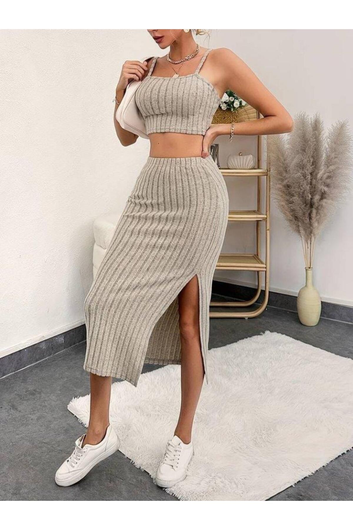 modamtn Kadın Kolsuz Askılı Crop Yırtmaçlı Midi Etek Fitilli Kaşkorse Takım