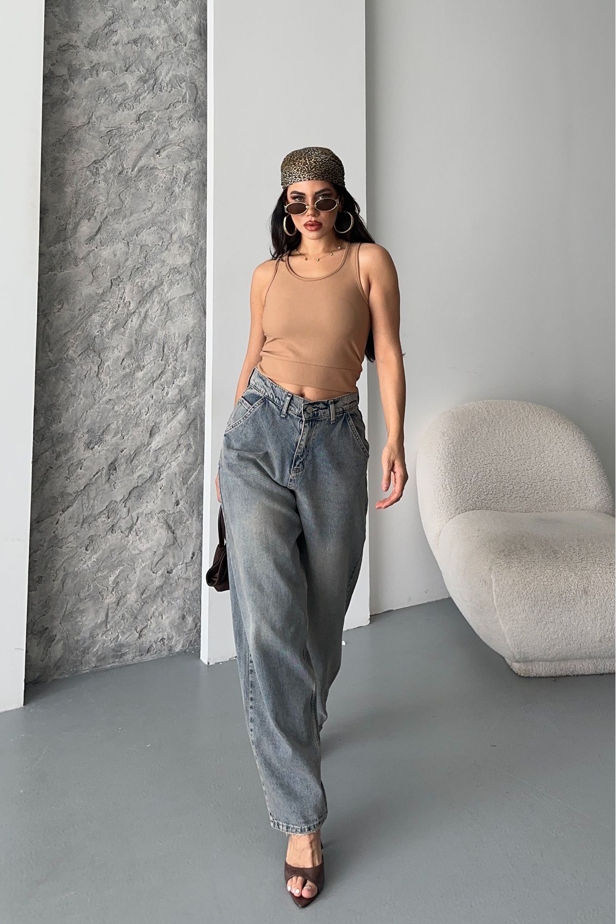 DESTEMODA Kadın Baggy Yan Cep Ve Arka Cebi Dikiş Detaylı Regular Baggy Kahve Mavi Efektli 4008