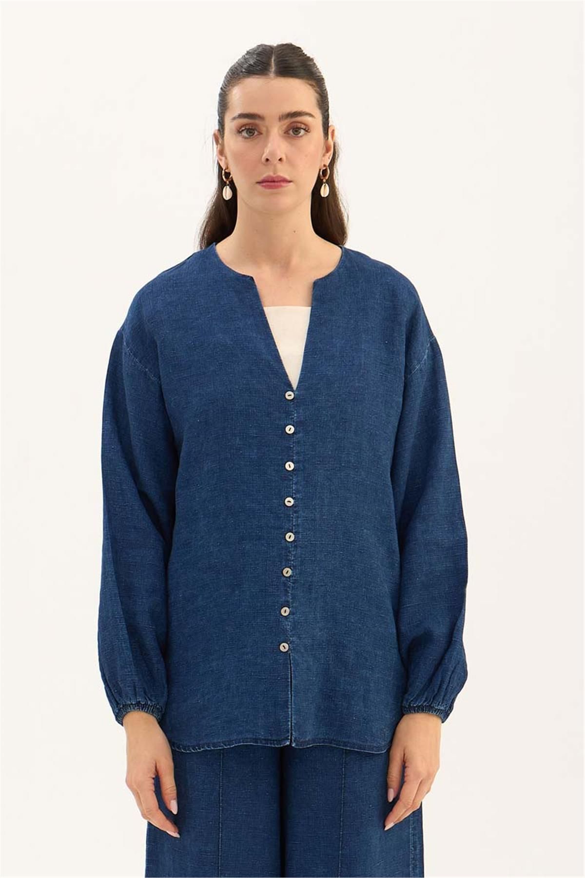 ALYOSHA FASHION %100 Keten Denim Bluz Lacivert