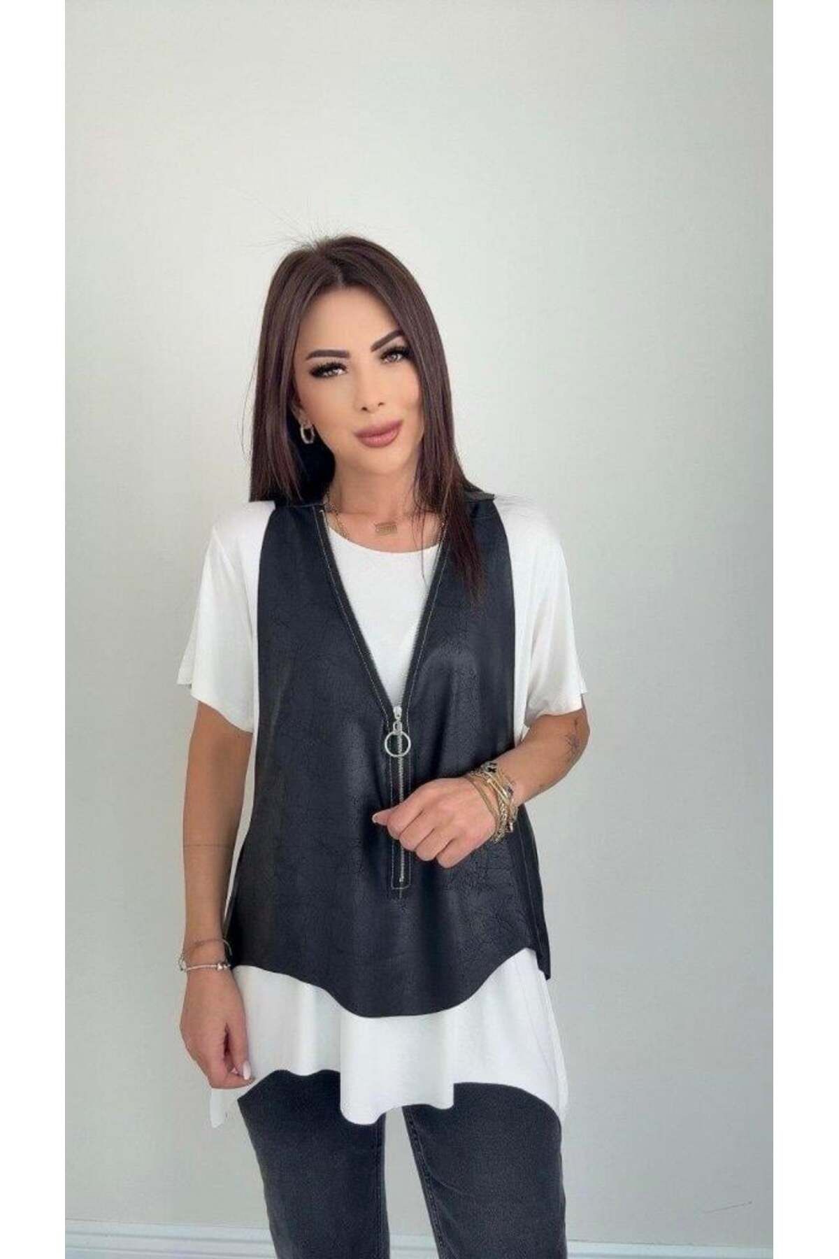 modamtn Kadın Kısa Kollu Yuvarlak Yaka Viskon Bluz + Kolsuz Fermuarlı Çatlak Deri Yelek