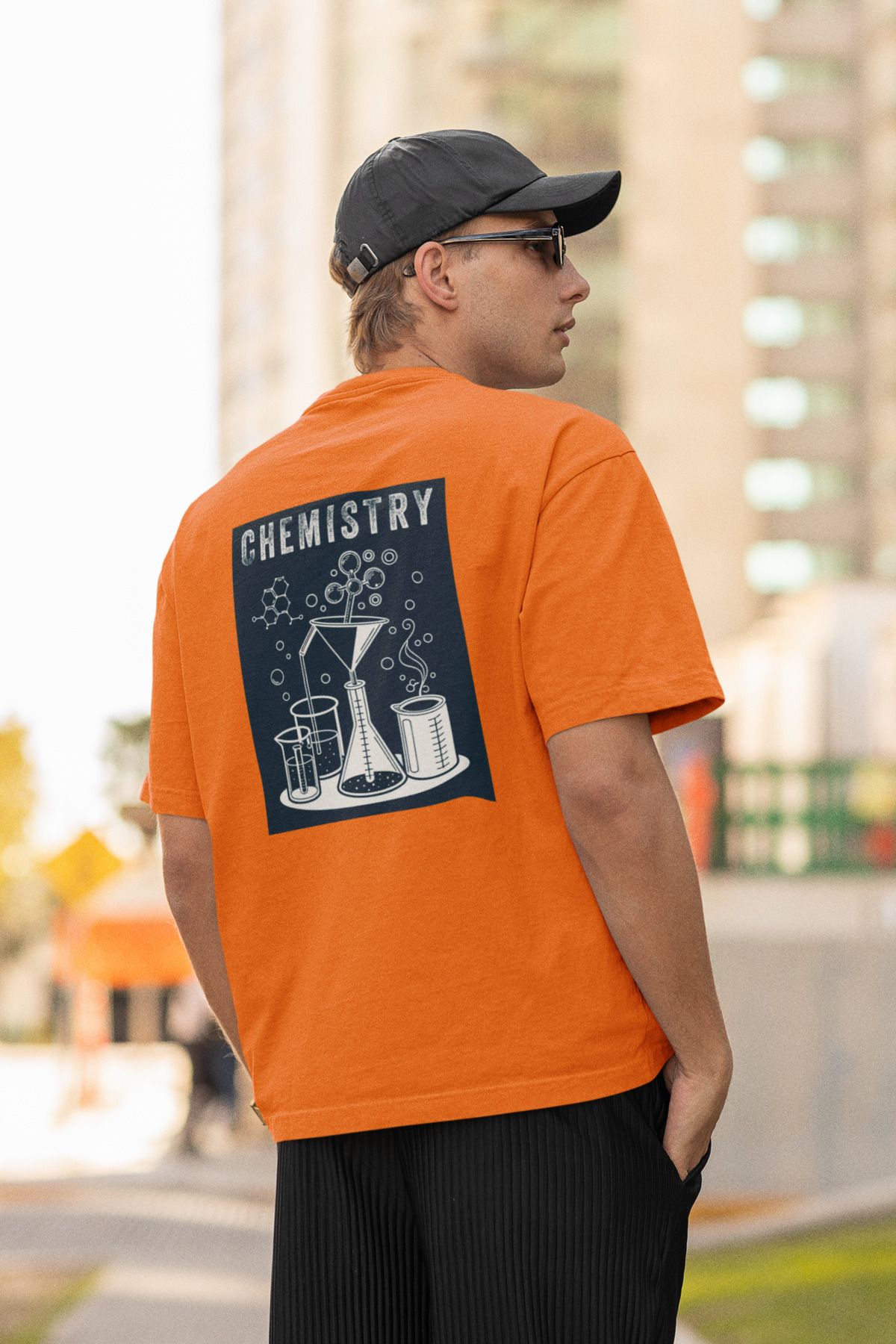 Uniquetex NUBENSE / KİMAS-09 - Oversize Unisex Kimya Baskılı Turuncu Bisiklet Yaka T-shirt (Bilim Tişört)