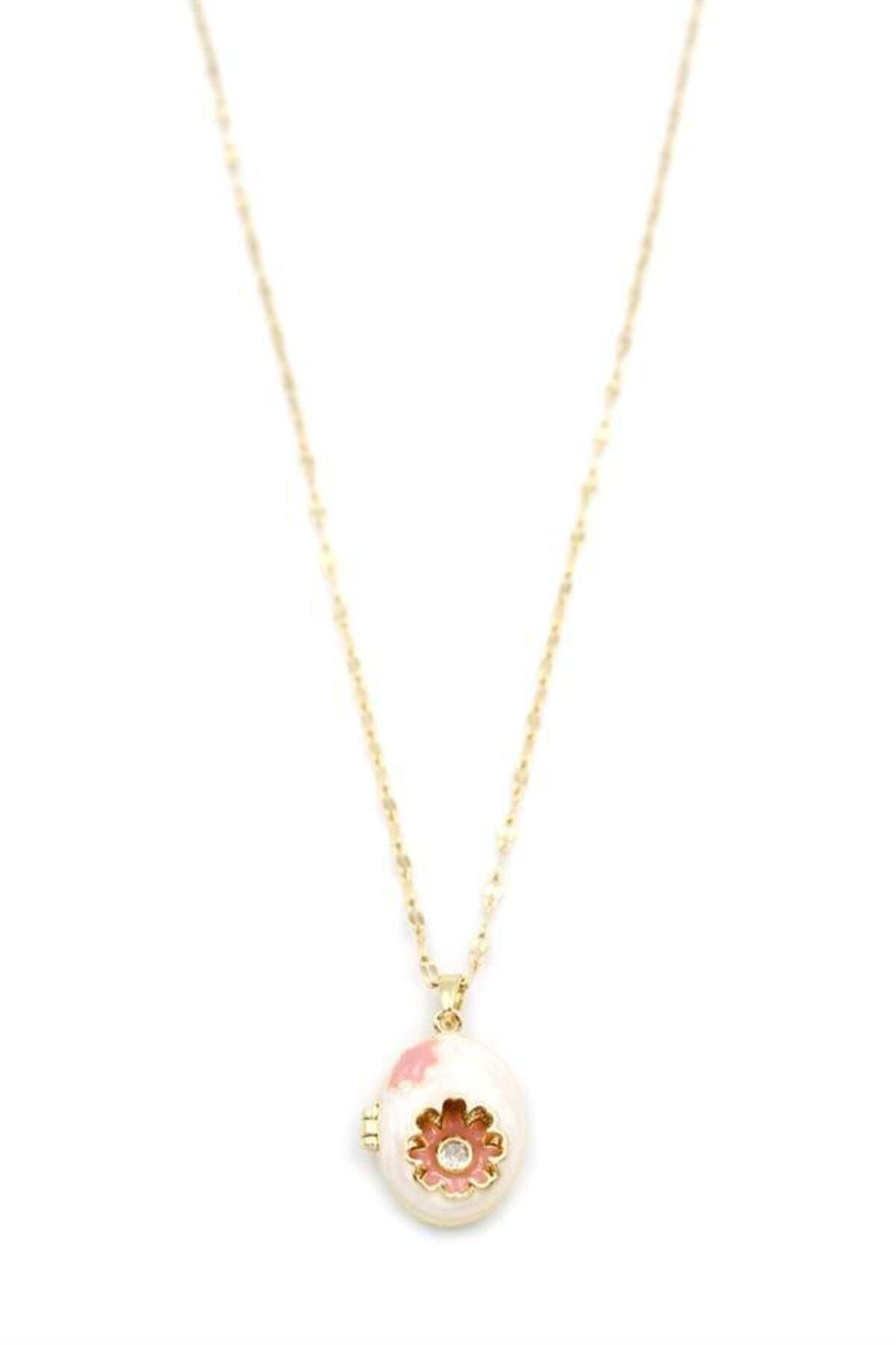 Pink Stil Kapaklı Çiçek Kolye - Altın