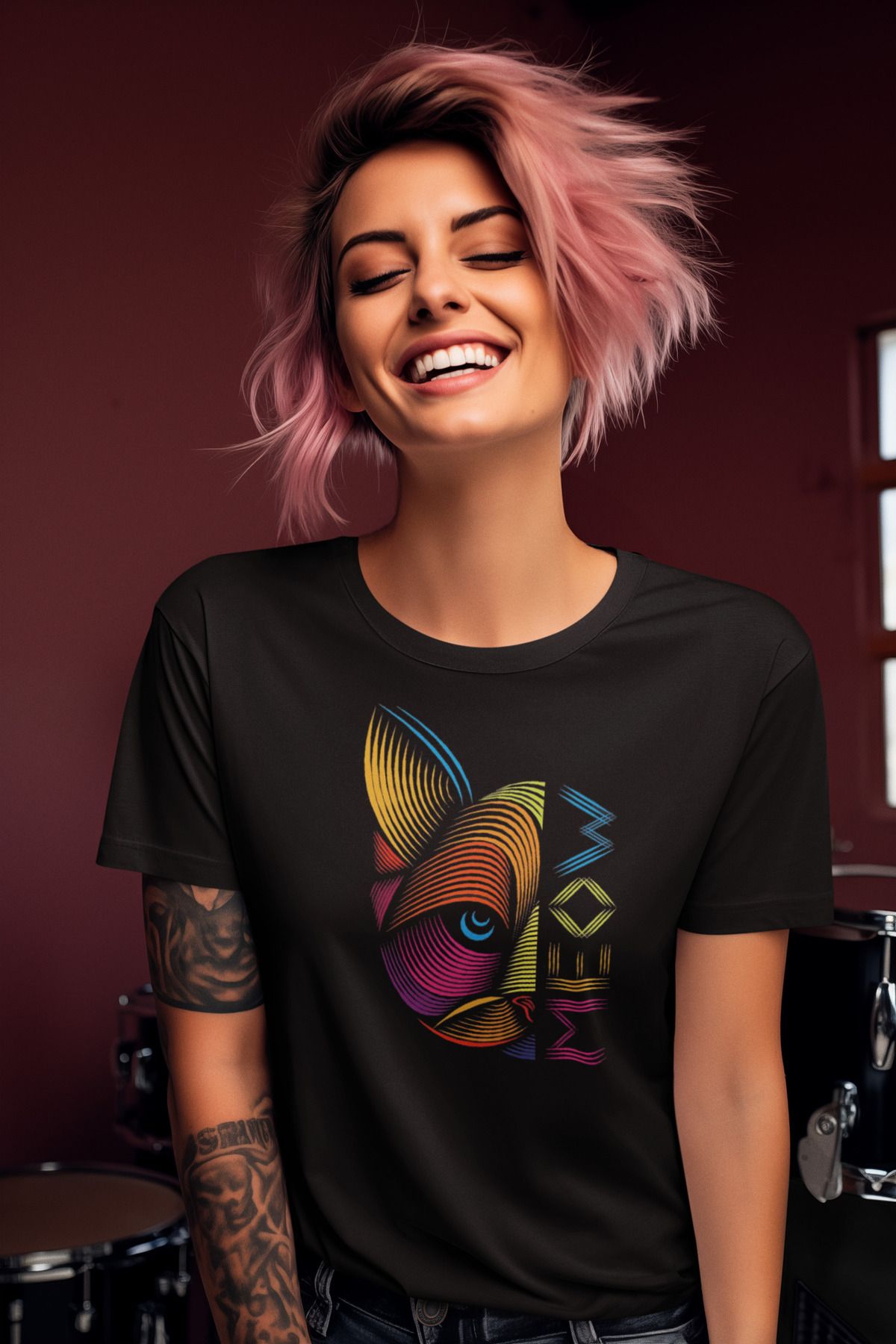 MAGORS STIL-X CAT MOM TEMALI MEOW KEDİ BASKILI BİSİKLET YAKA KADIN TSHIRT