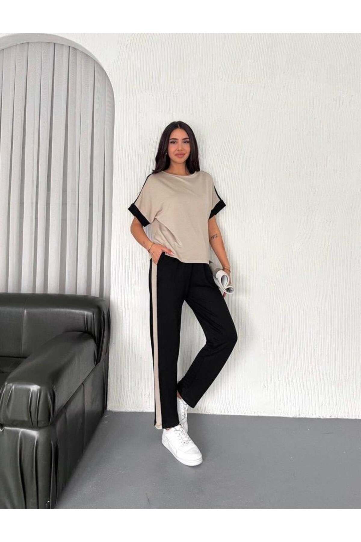modamtn Kadın Modal Dokulu Kumaş Yanı şeritli Takım