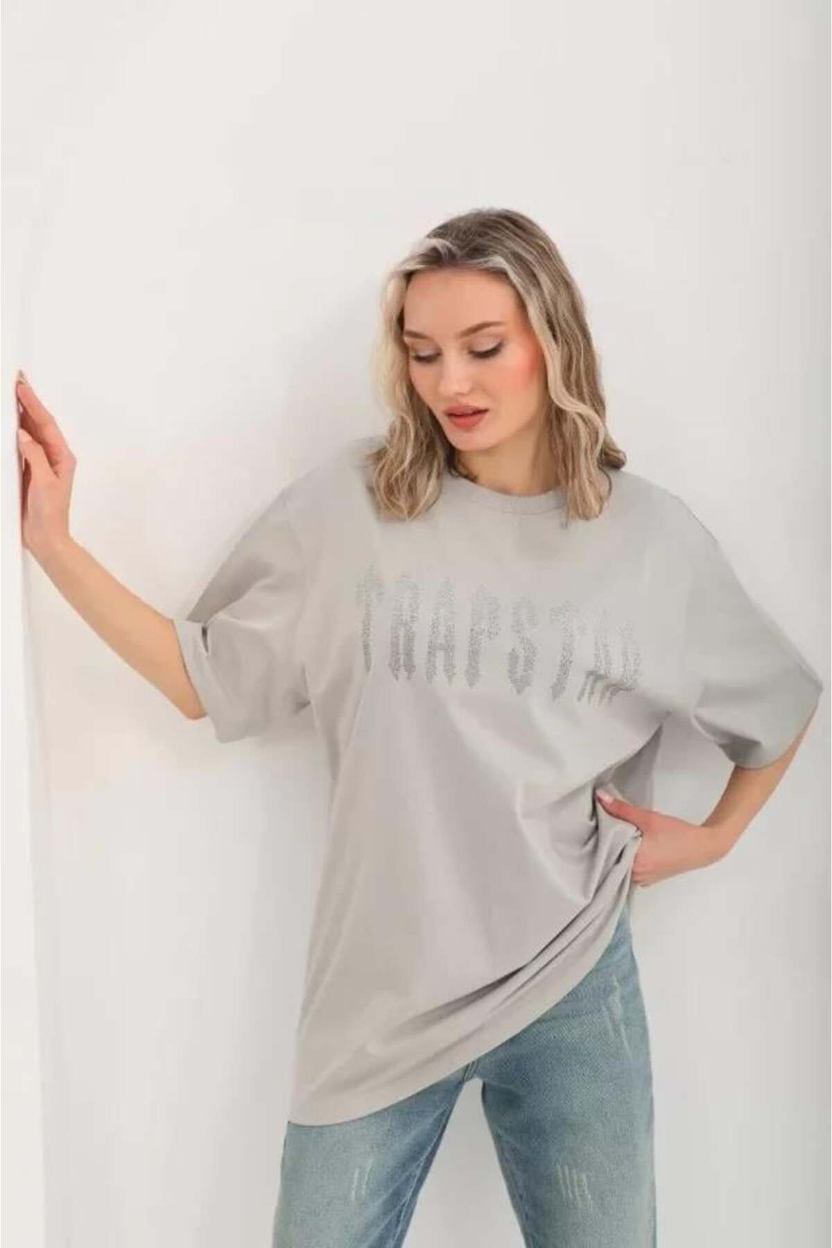 modamtn Unisex Taş Desenli Oversize T-Shirt - Gri