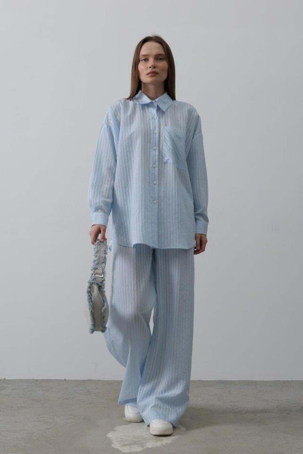 modamtn Çizgili Cep Detaylı Oversize Takım - Bebe Mavisi