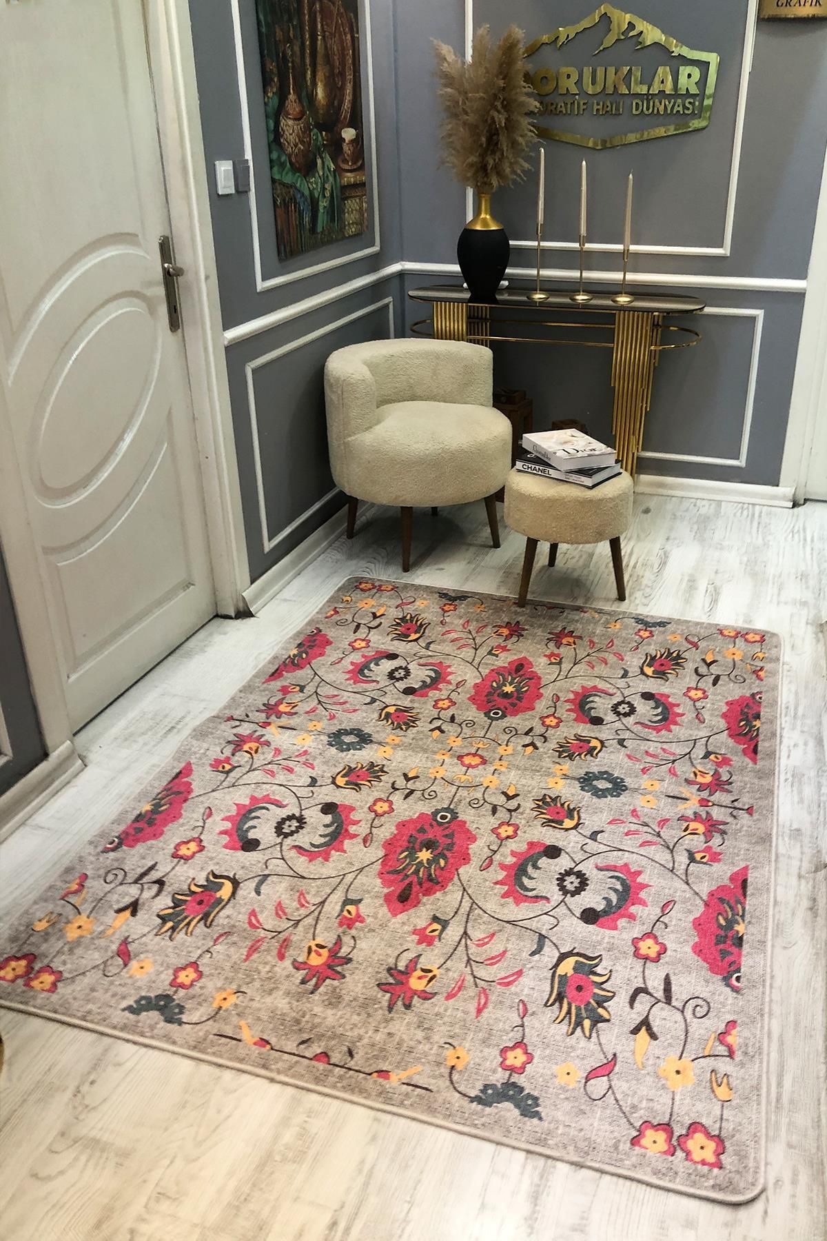 Doruklar Home Collection Kaymaz Taban Yıkanabilir Dijital Baskı Dekoratif Hasır Desenli Dot Taban Halı NH001