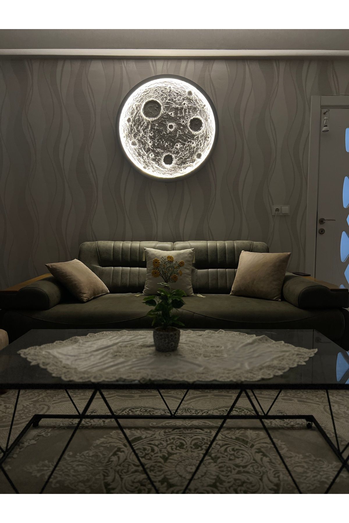 Moon 90 cm metal gri çerçeve gün ışığı led dolunay tablo