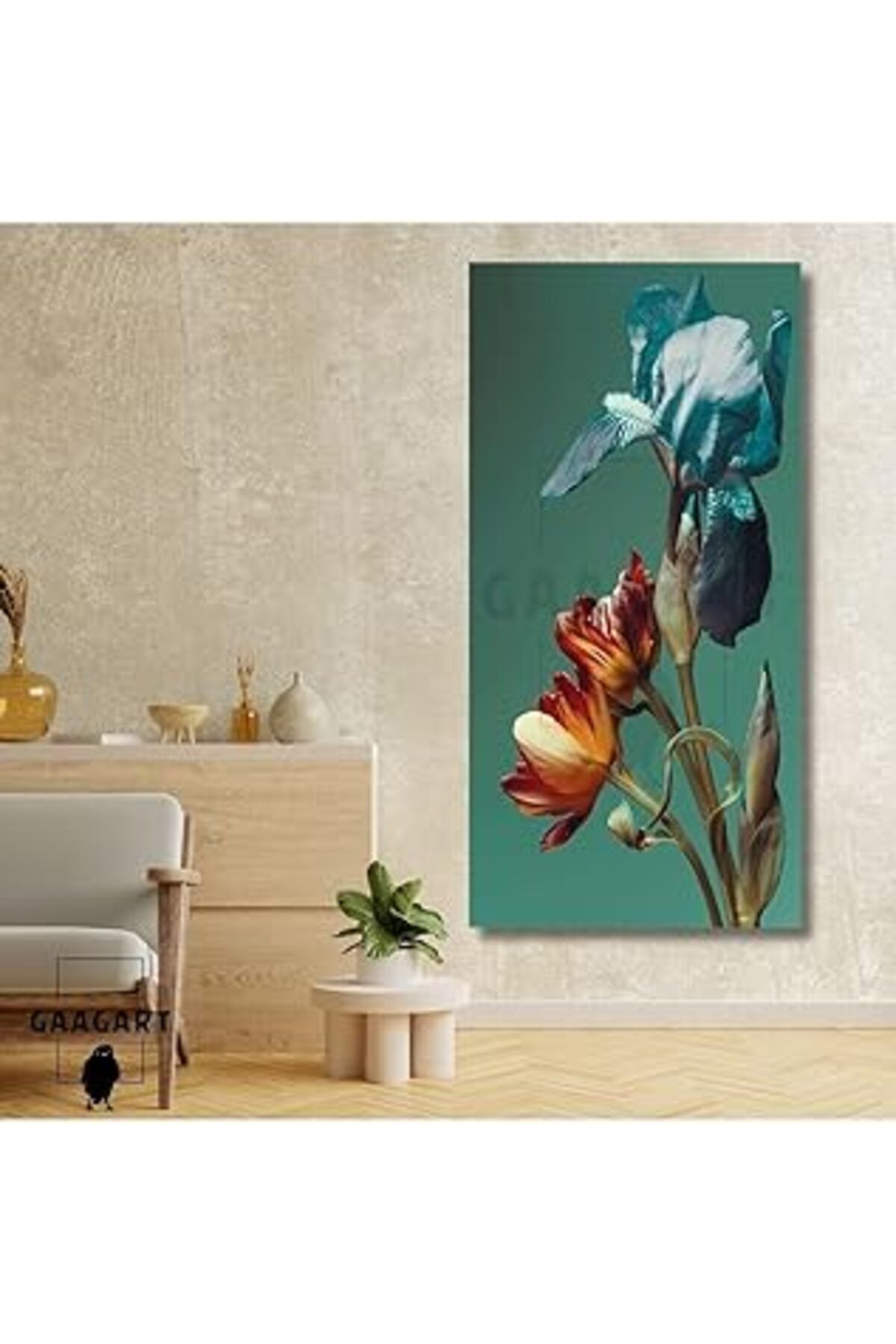Pazarcan Gaagart Panaromik Dikey Kanvas Tablo Mavi Kırmızı Yakın Çekim Çiçekler, 60 X 120