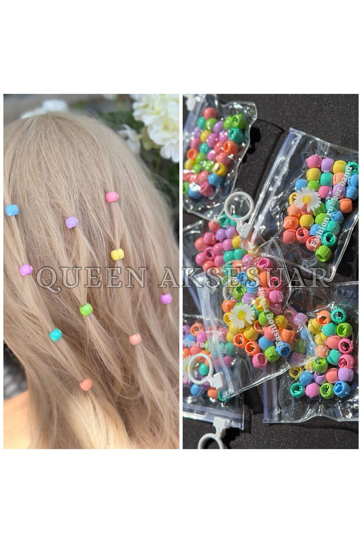 QUEEN AKSESUAR Pastel renkli saç örgü boncuğu çantalı boncuk set 30 adet mavi mor sarı yeşil pembe