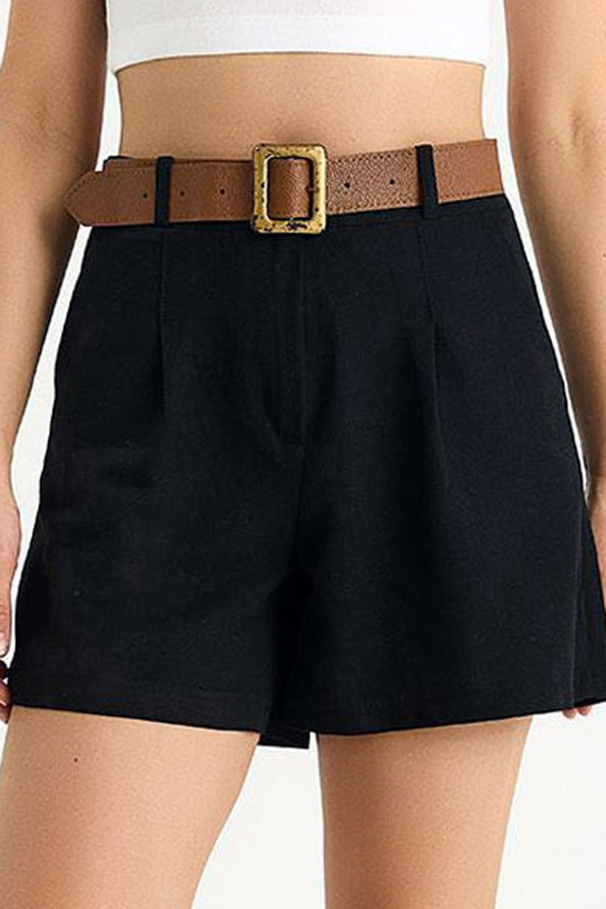 Ottawe Regular Fit Rahat Kesim Kemerli Yüksek Belli Çift Cepli Straigth Boru Paça casual Günlük Keten Şort