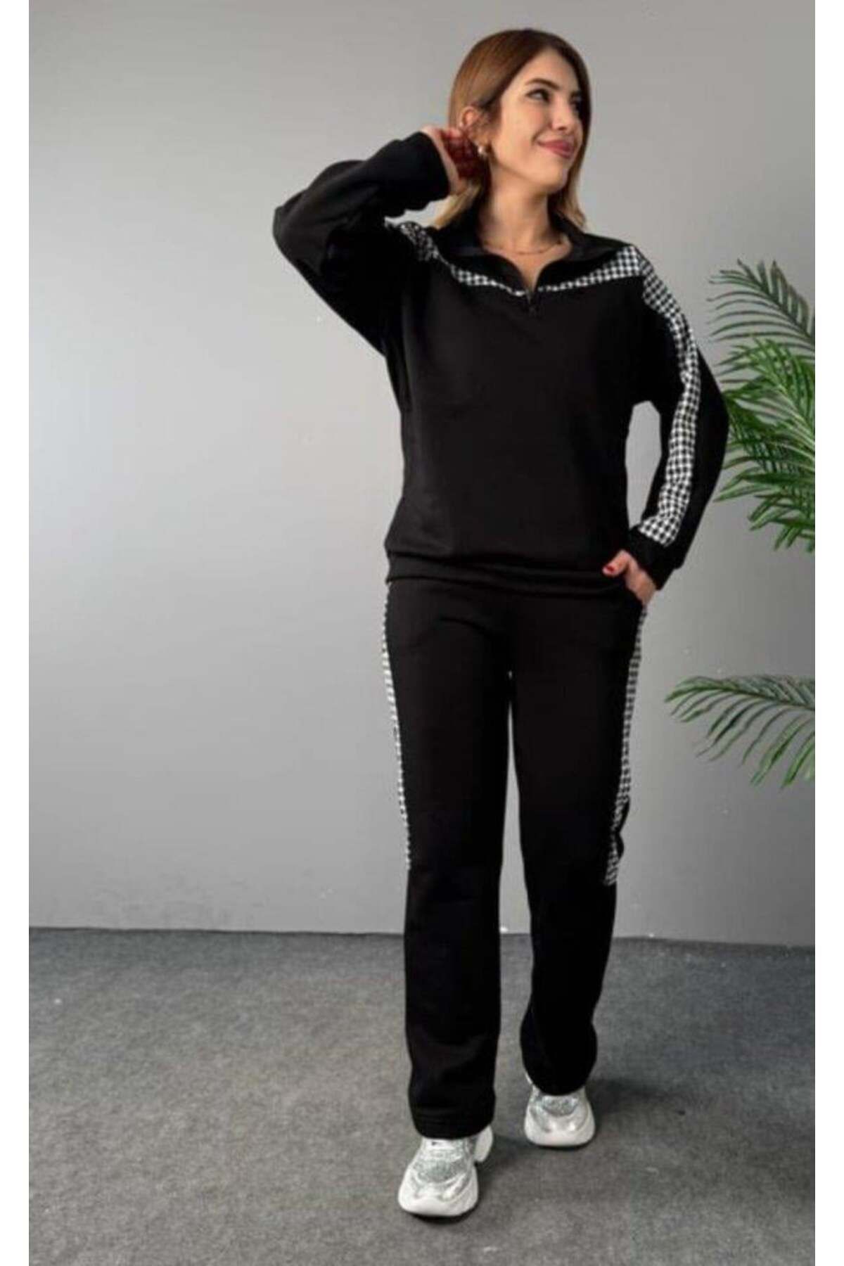 modamtn Kadın Fermuar Ve Ekose Detay Sweatshirt Ve Pantolon üç Iplik Kumaş Ikili Takım