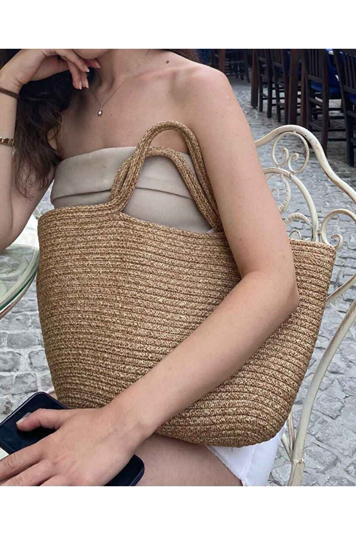 Venk Trend Plaj çantası, Kahve Hasır Dokuma Jüt