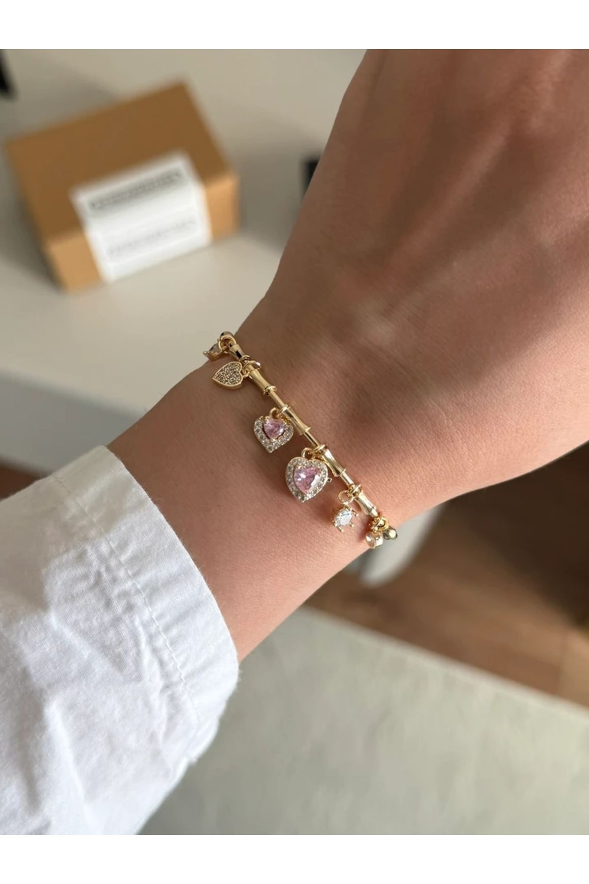 RoseandRoses Pembe Kalp Charmlı Bileklik Gold