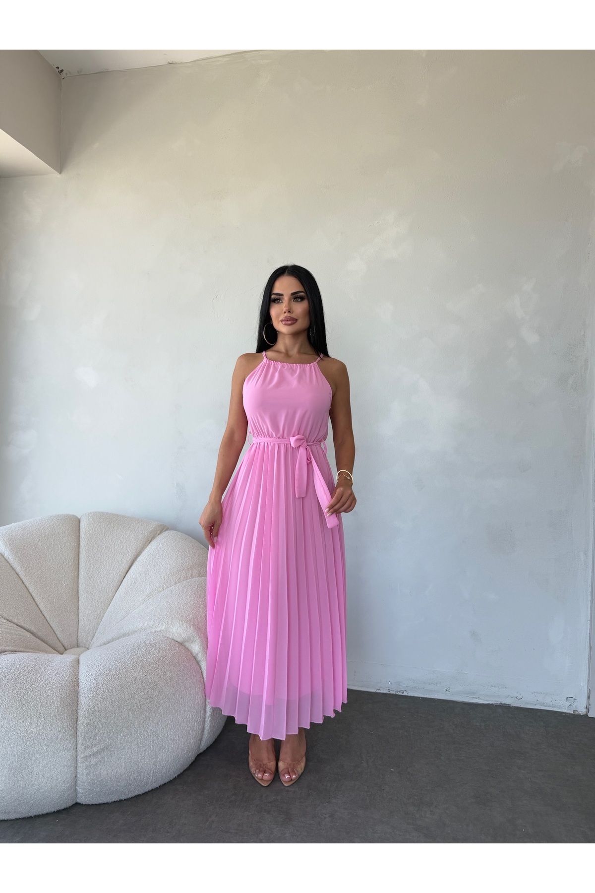 kamacibutik AYARLANA BİLİR ASKILI PİLİSELİ ŞİFON ELBİSE