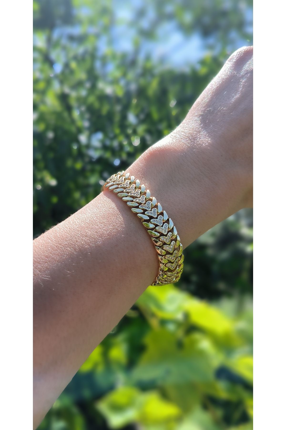 xUPING Altın Kaplama Kalp Detaylı Zincir Model Bileklik Kararmaz 14K Rengindedir 17 +3 cm
