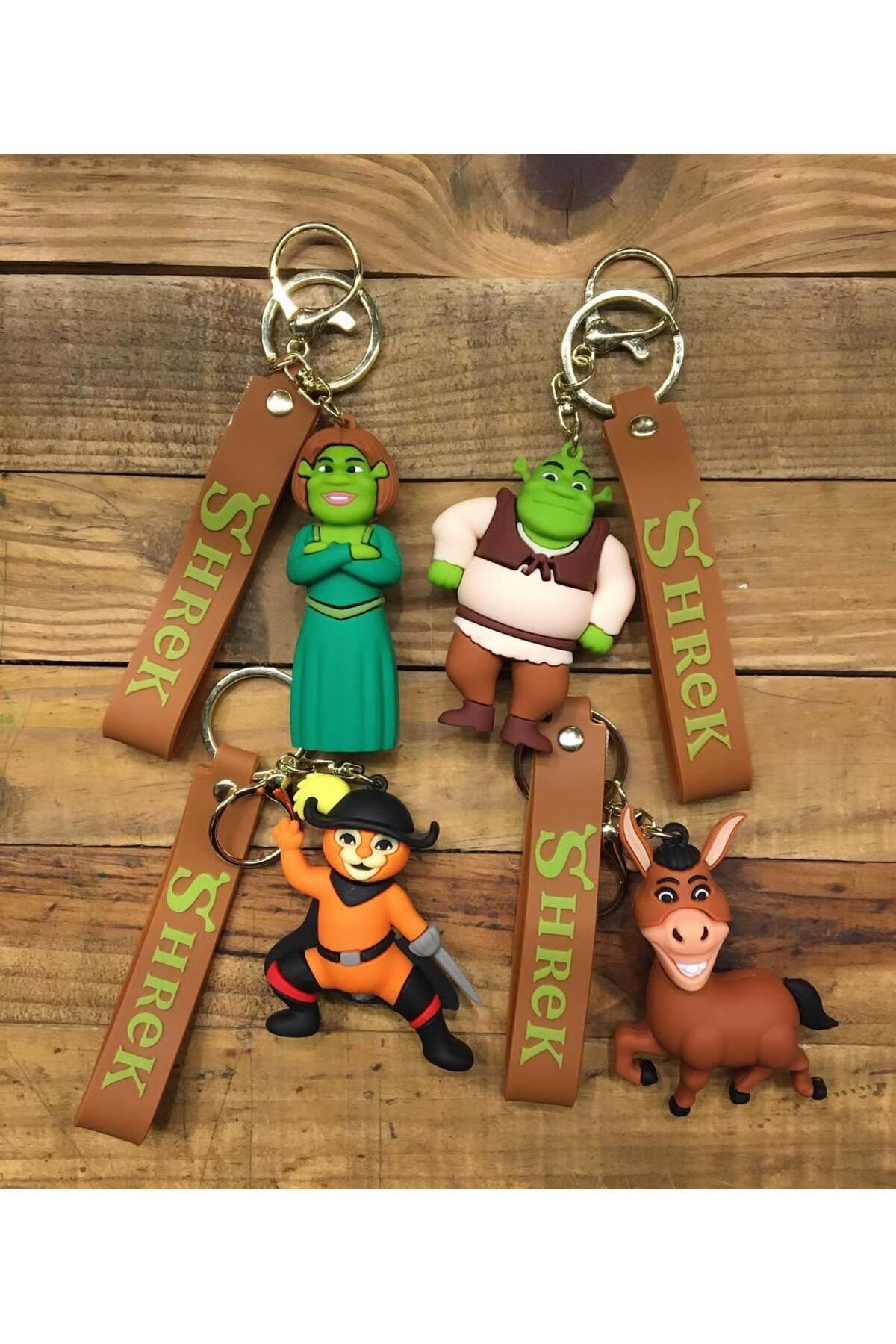 TAYEM 4'lü Shrek, Prenses Fiona, Eşek, Çizmeli Kedi Lüks Büyük Boy 3D Şrek Anahtarlık ve Çanta Süsü
