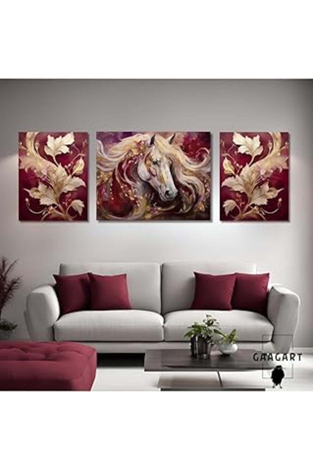 Pazarcan Gaagart 3Lü Kanvas Şık Salon Duvar Tablosu Modern Soyut Bordo Gold At, 30 X 40