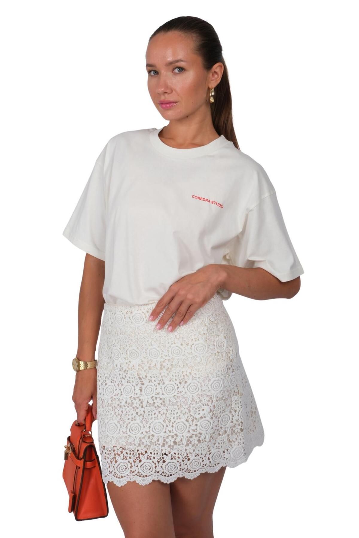 Coredra Romantics Oversize Fit T-Shirt Kadın - Ekru C101